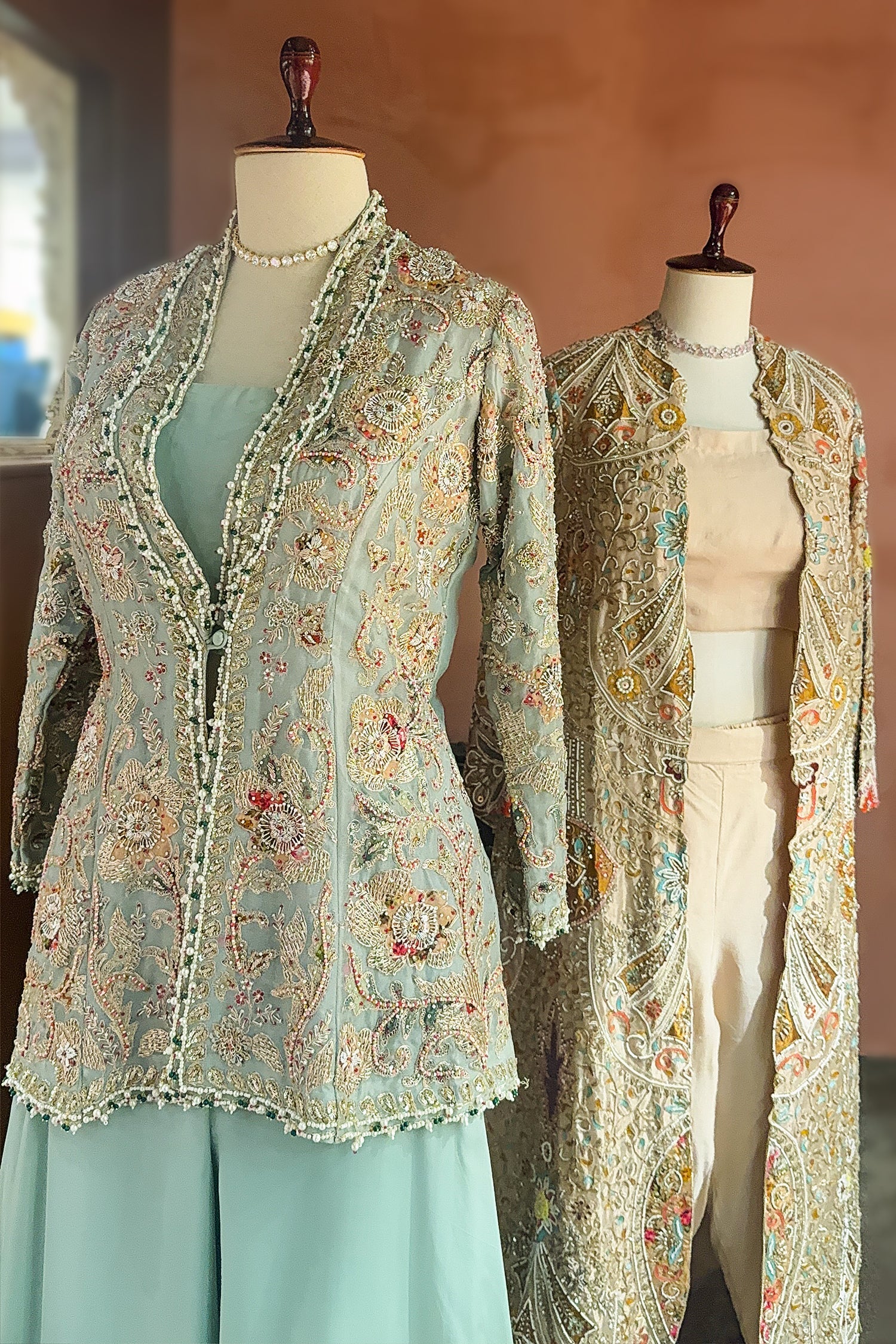 Mint Green Silk Handworked Indo Western Set - Image 4
