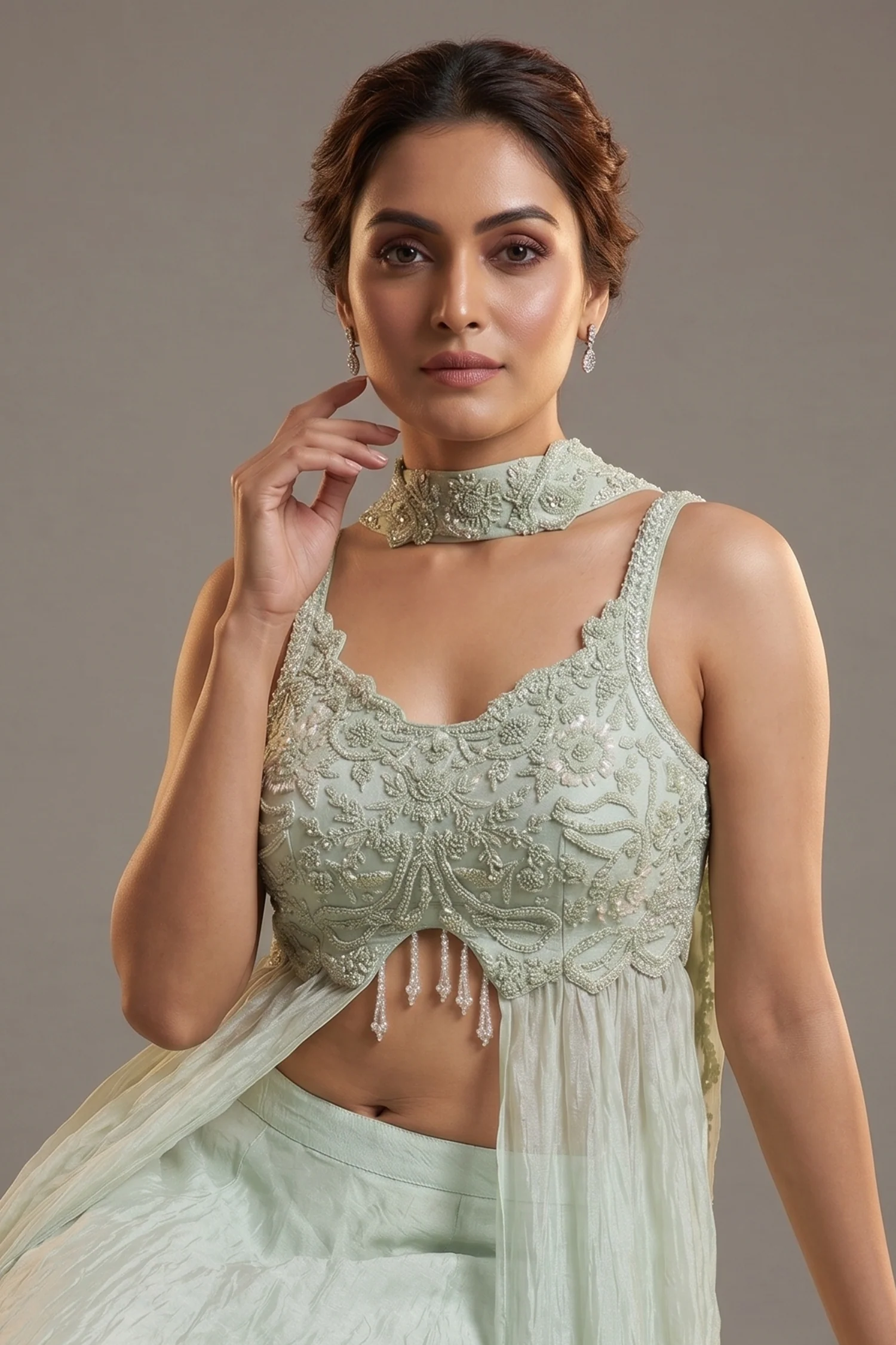 Mint Green Soft Organza Silk Sequin Cutdana worked High Slit Cut Palazzo Suit - Image 2