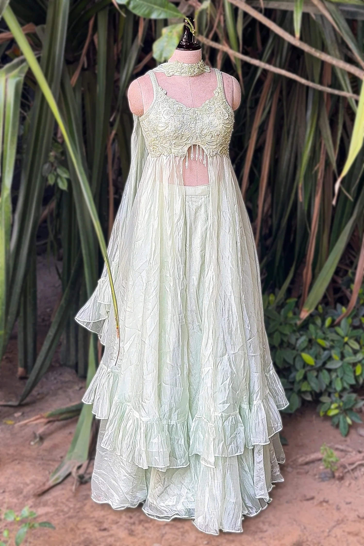 Mint Green Soft Organza Silk Sequin Cutdana worked High Slit Cut Palazzo Suit - Image 3