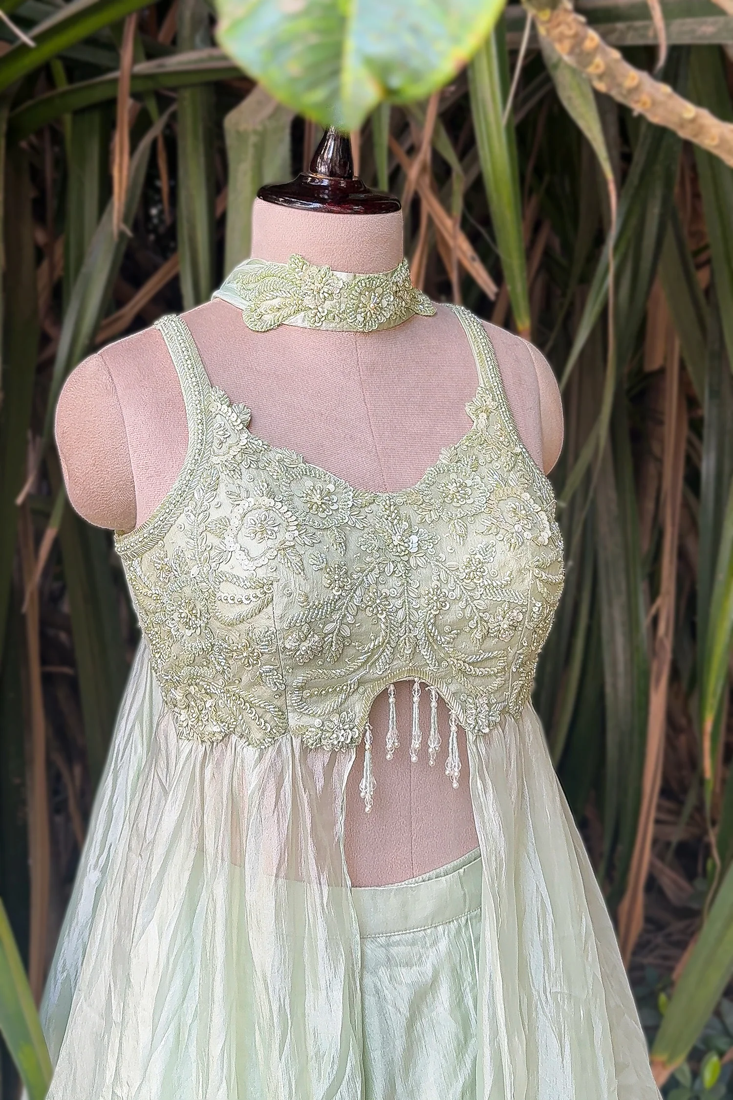 Mint Green Soft Organza Silk Sequin Cutdana worked High Slit Cut Palazzo Suit - Image 4