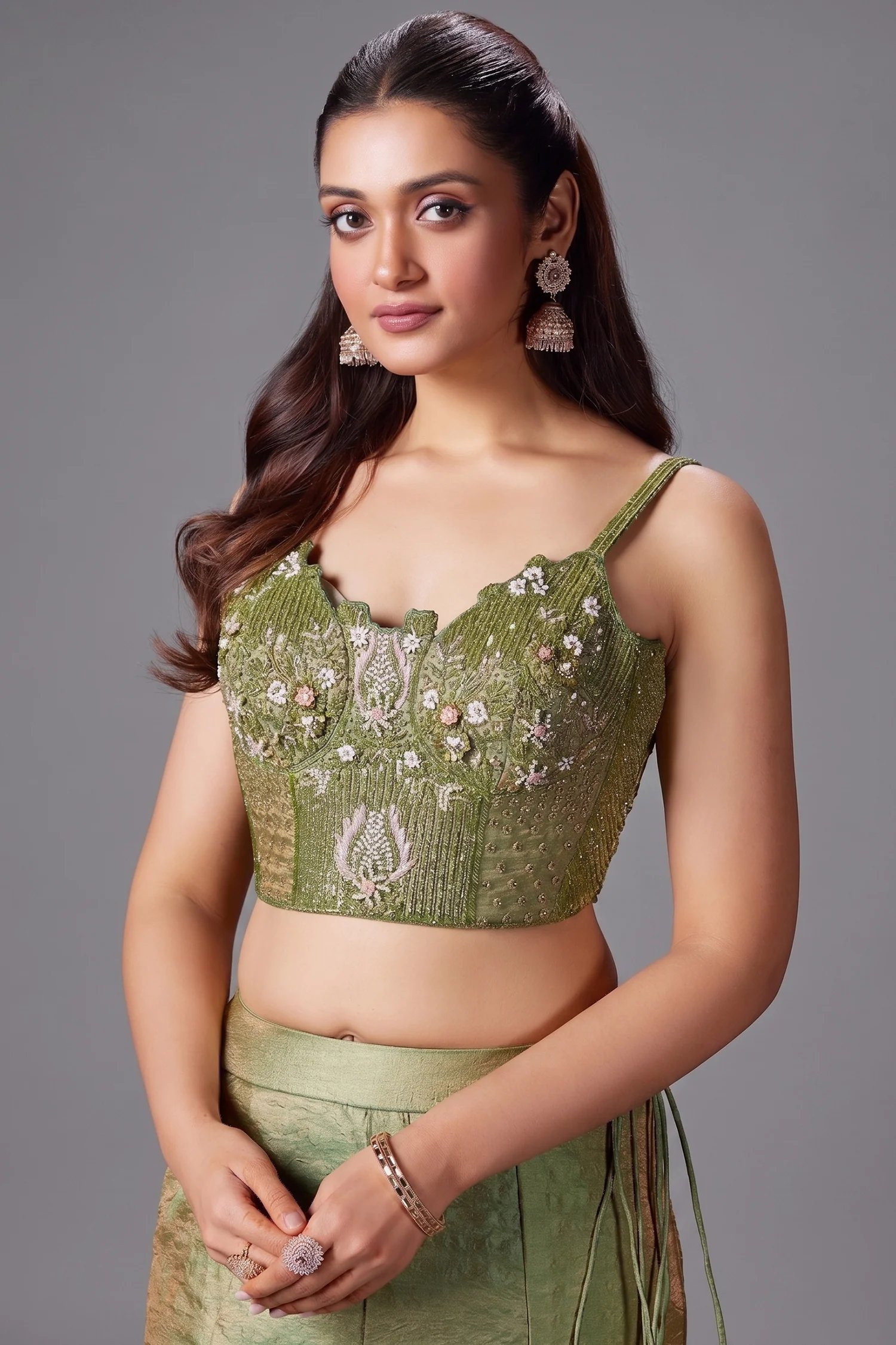 Moss Green Crush Tissue Silk Fish Cut Lehenga with Sequins and Beaded Corset - Image 2