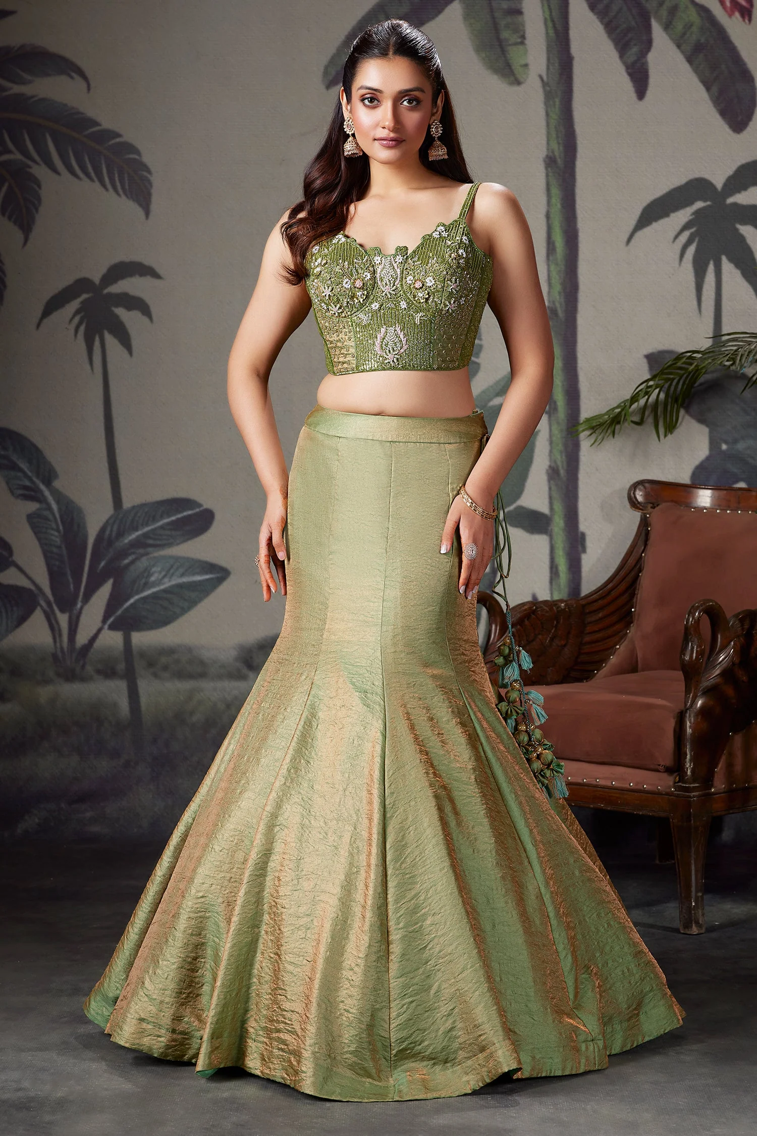 Moss Green Crush Tissue Silk Fish Cut Lehenga with Sequins and Beaded Corset - Image 3