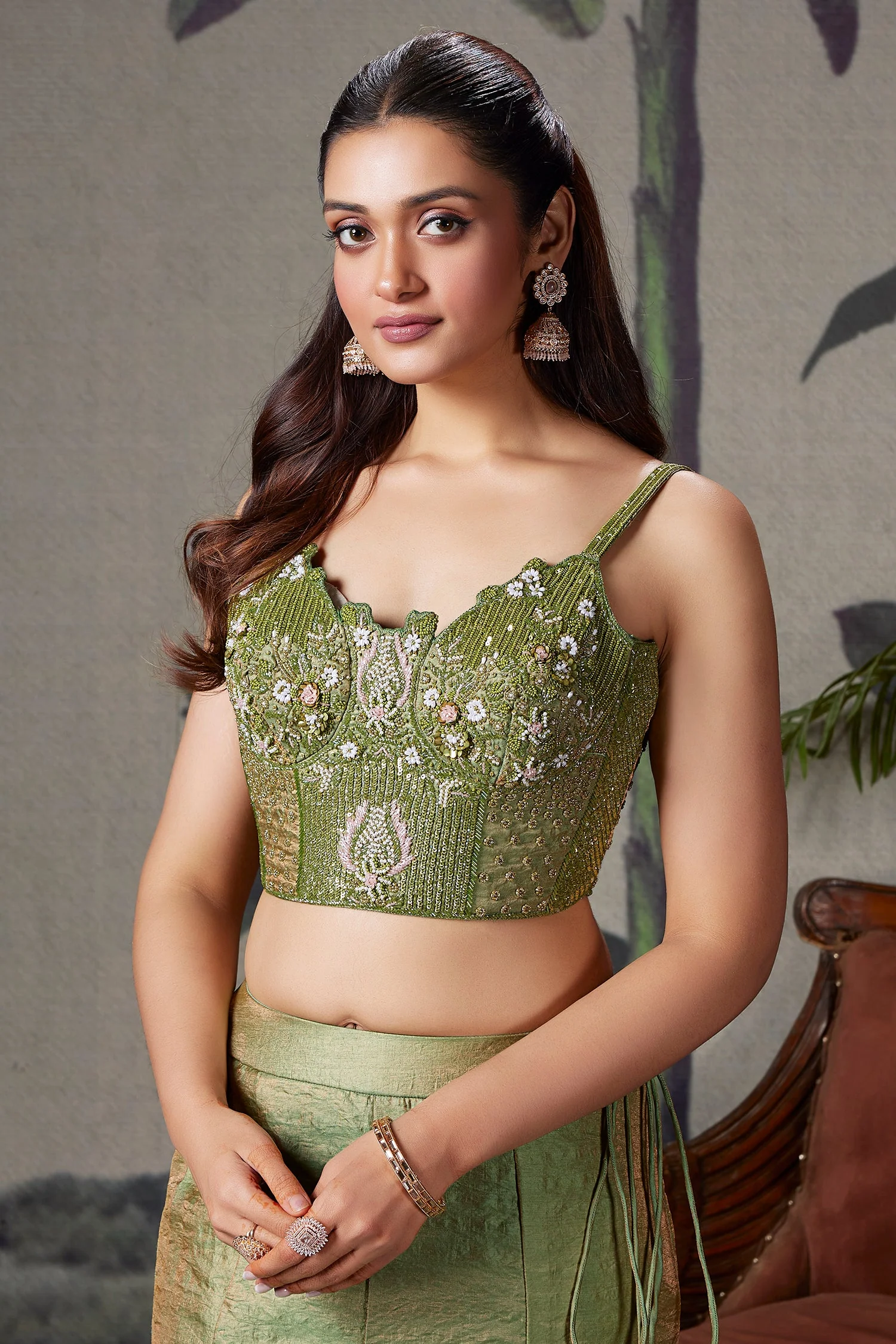 Moss Green Crush Tissue Silk Fish Cut Lehenga with Sequins and Beaded Corset - Image 4