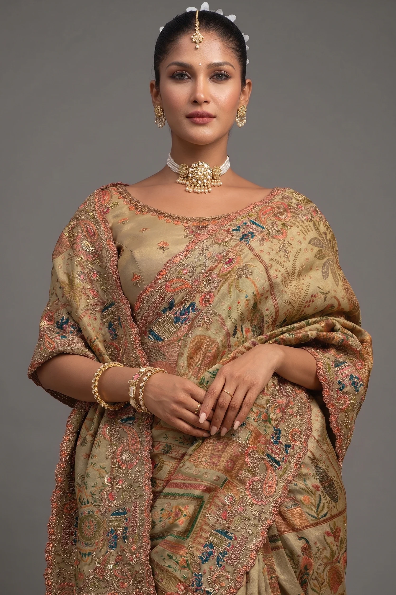 Moss Green Silk Woven Saree with Embroidery - Image 2