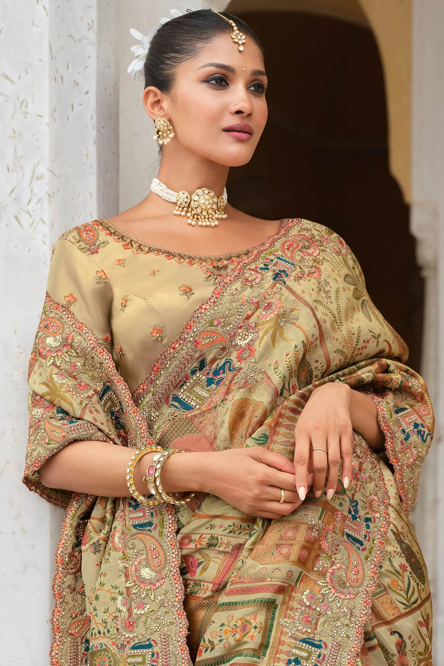 Moss Green Silk Woven Saree with Embroidery - Image 3
