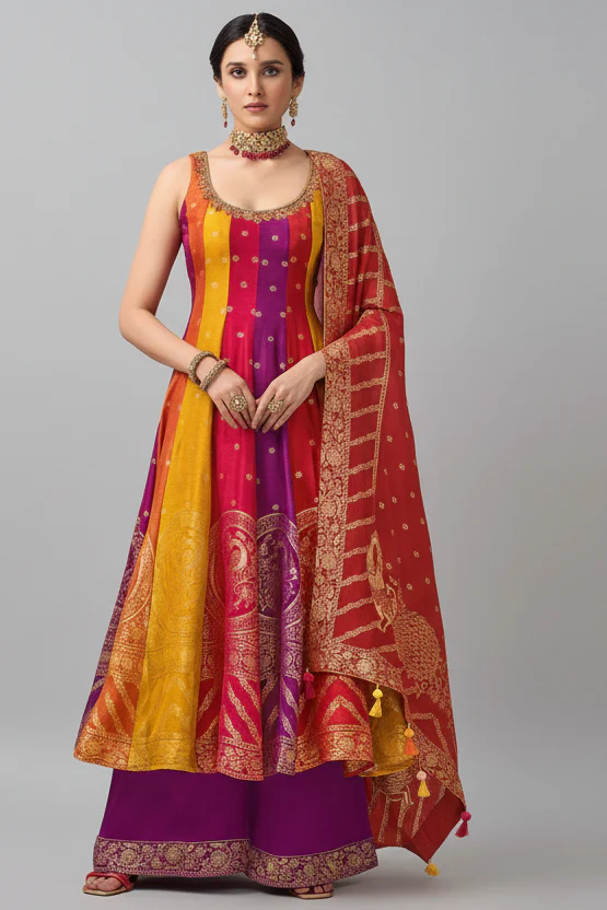 Multi Colored Art Silk Woven Anarkali Palazzo Suit