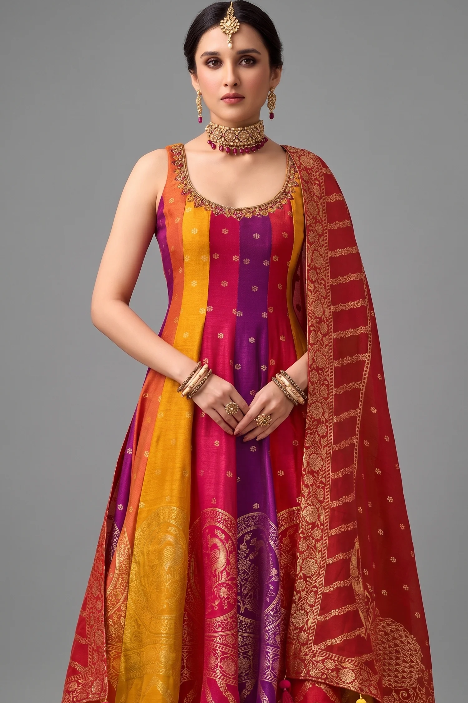 Multi Colored Art Silk Woven Anarkali Palazzo Suit - Image 2