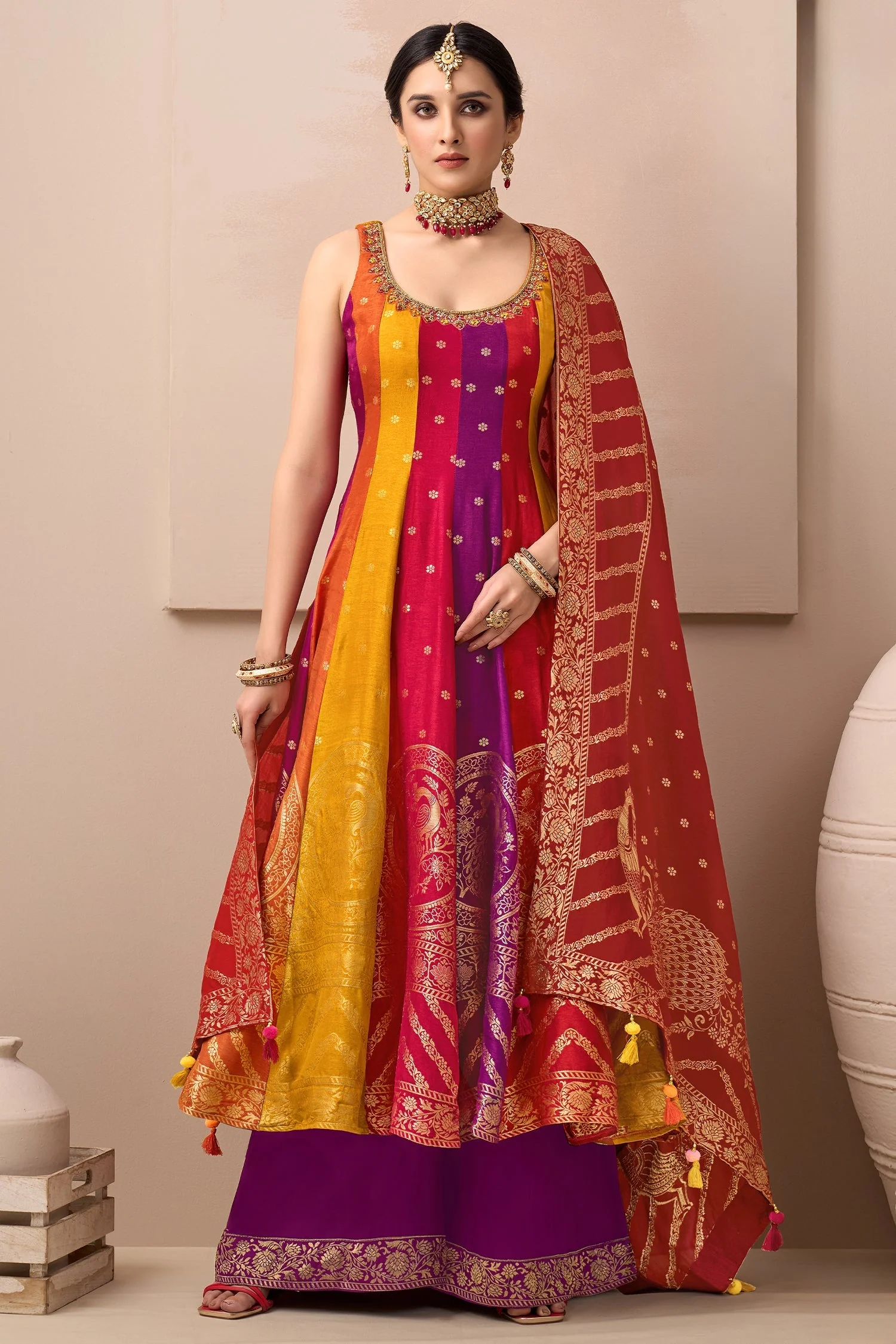 Multi Colored Art Silk Woven Anarkali Palazzo Suit - Image 3