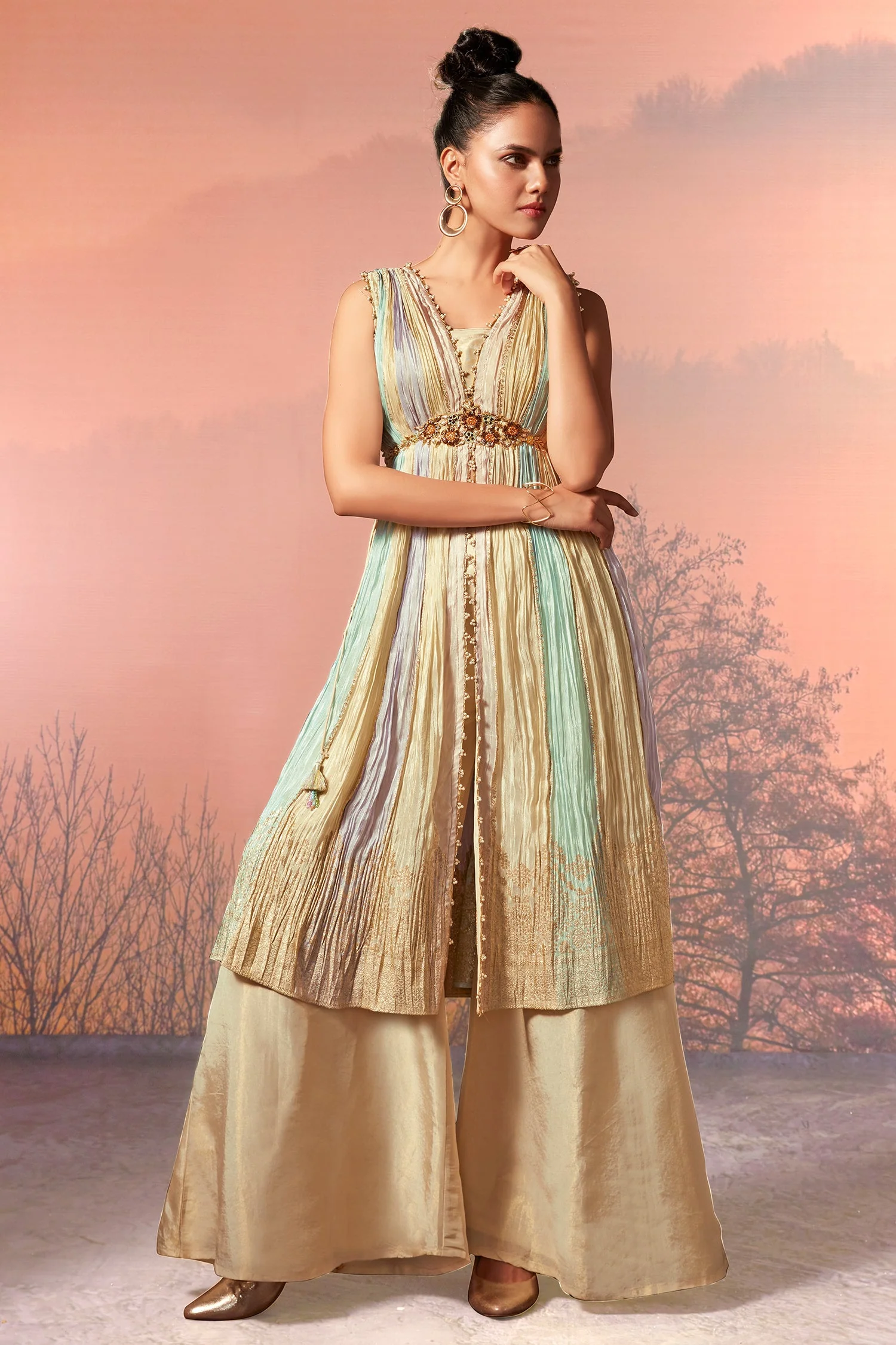 Multi Colored Chinon Crepe Silk Woven Kaftan Style Palazzo Set - Image 2