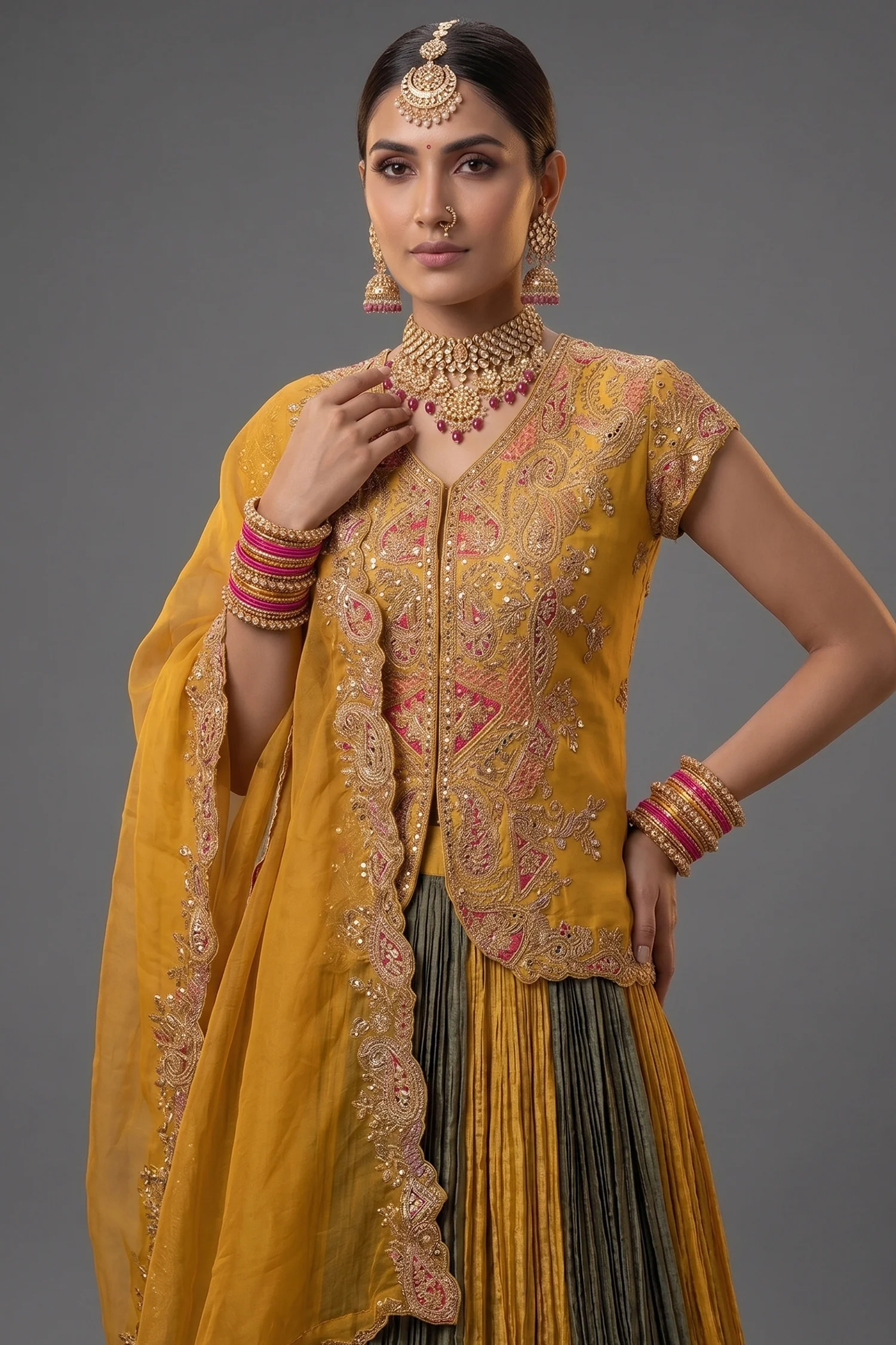 Multi Colored Chinon Shimmer Embroidered Lehenga Set - Image 2