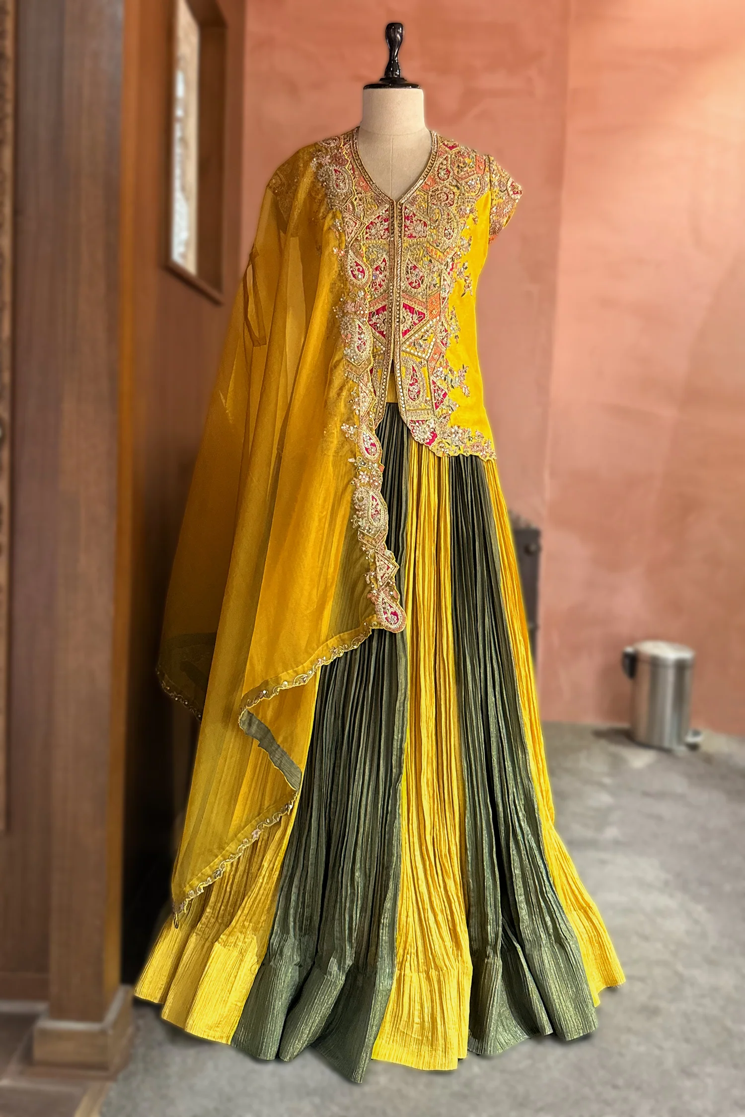 Multi Colored Chinon Shimmer Embroidered Lehenga Set - Image 3