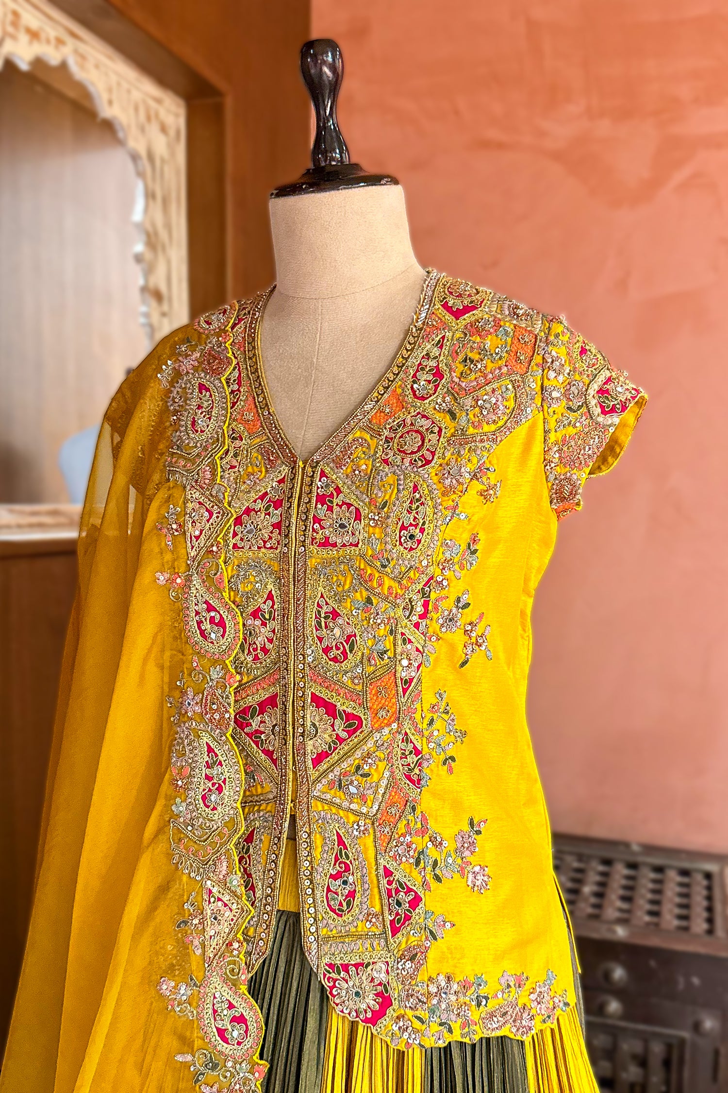 Multi Colored Chinon Shimmer Embroidered Lehenga Set - Image 4