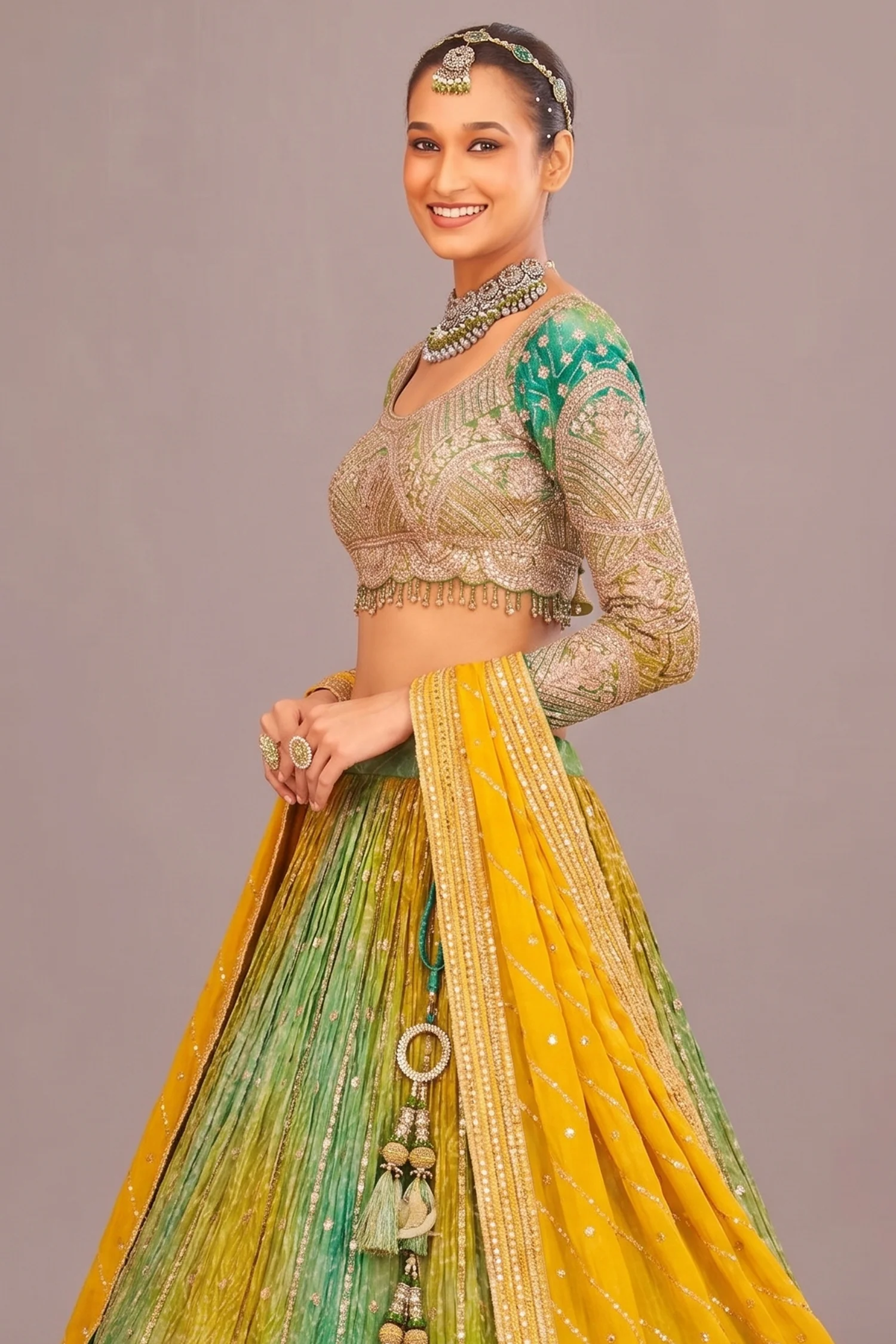 Multi Colored Chinon Silk Bandhej Lehenga with Sequin Embroidery Work - Image 2