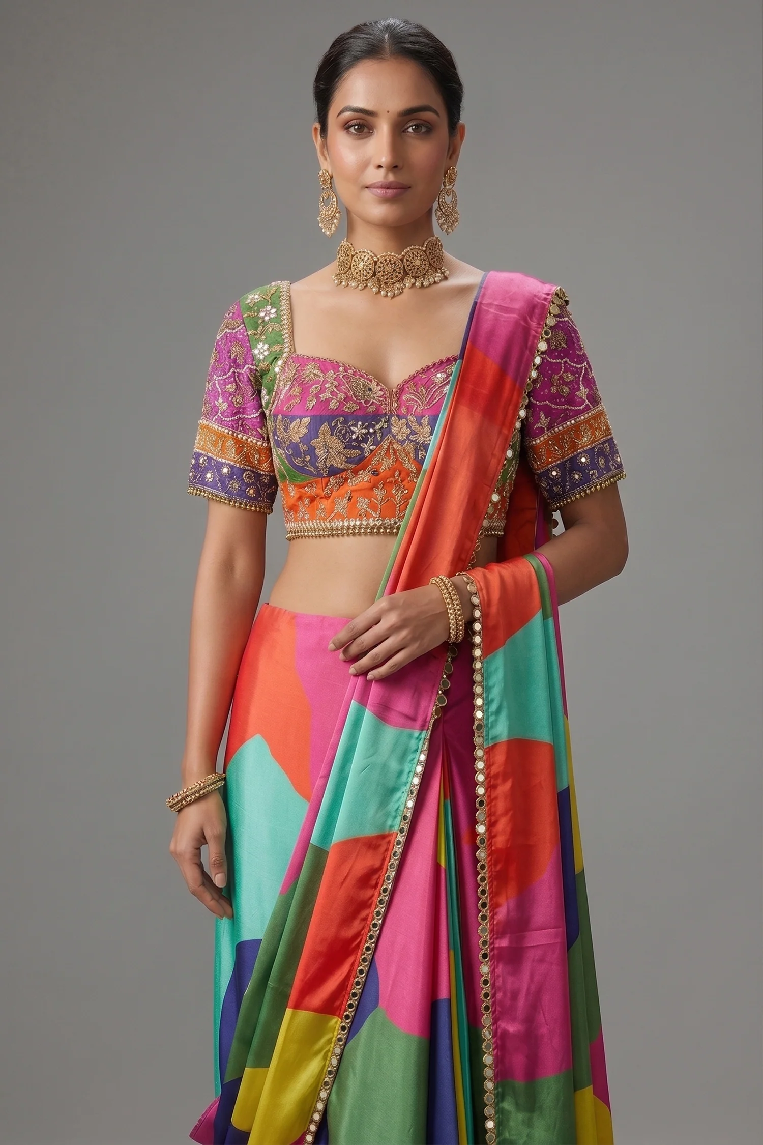 Multi Colored Crepe Silk Readymade Saree with Sweet Heart Neckline Blouse - Image 2