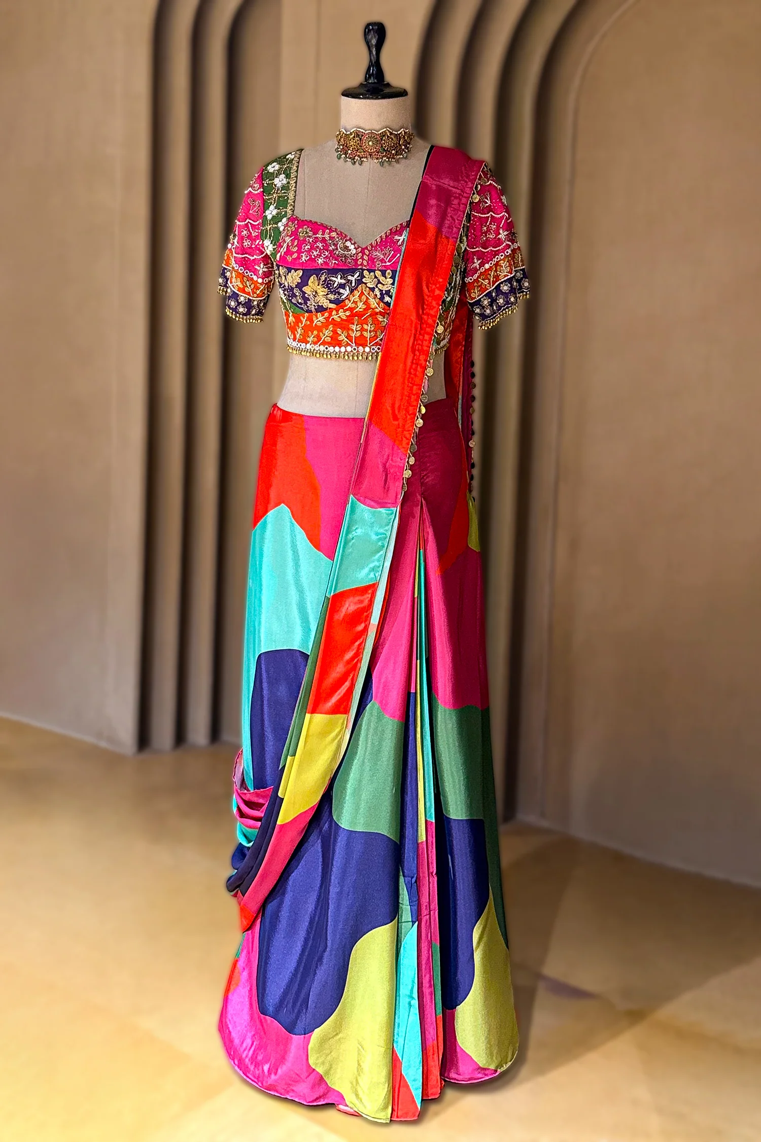 Multi Colored Crepe Silk Readymade Saree with Sweet Heart Neckline Blouse - Image 3