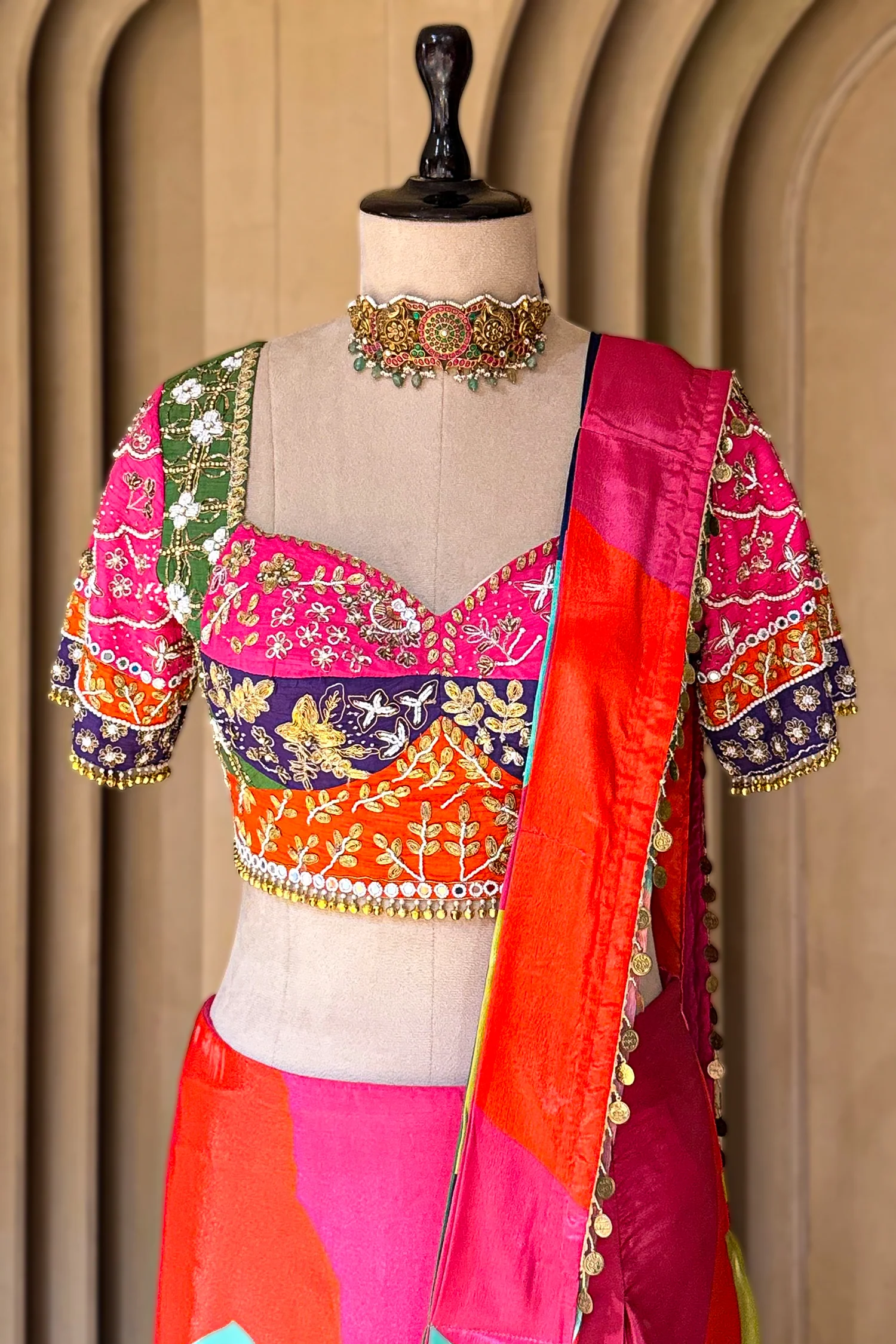 Multi Colored Crepe Silk Readymade Saree with Sweet Heart Neckline Blouse - Image 4