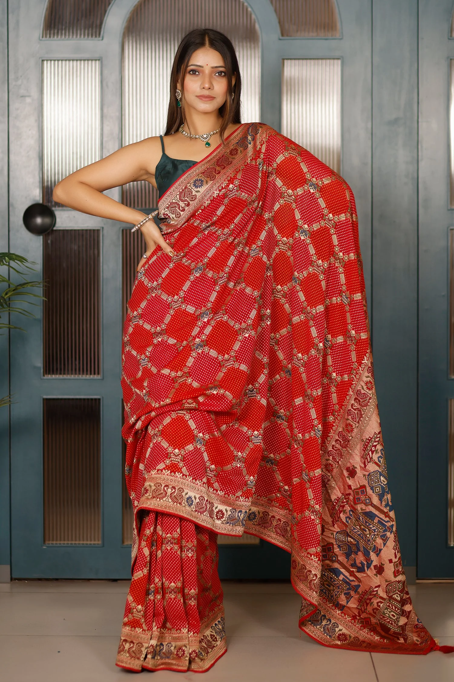 Multi Colored Georgette Meenakari Weaving Saree - Image 3