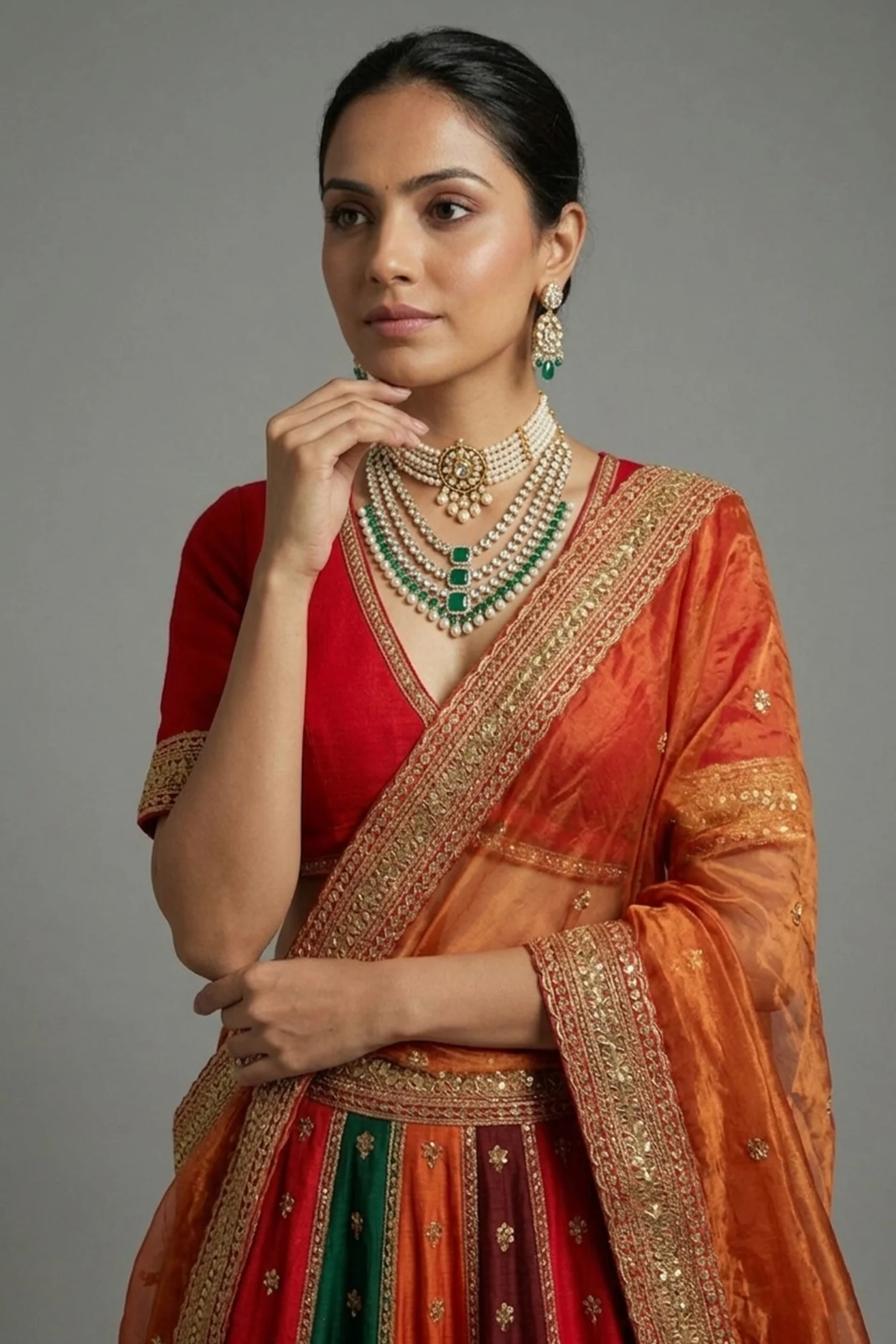 Multi Colored Matka Silk Designer Bridal Lehenga with Double Dupatta - Image 2