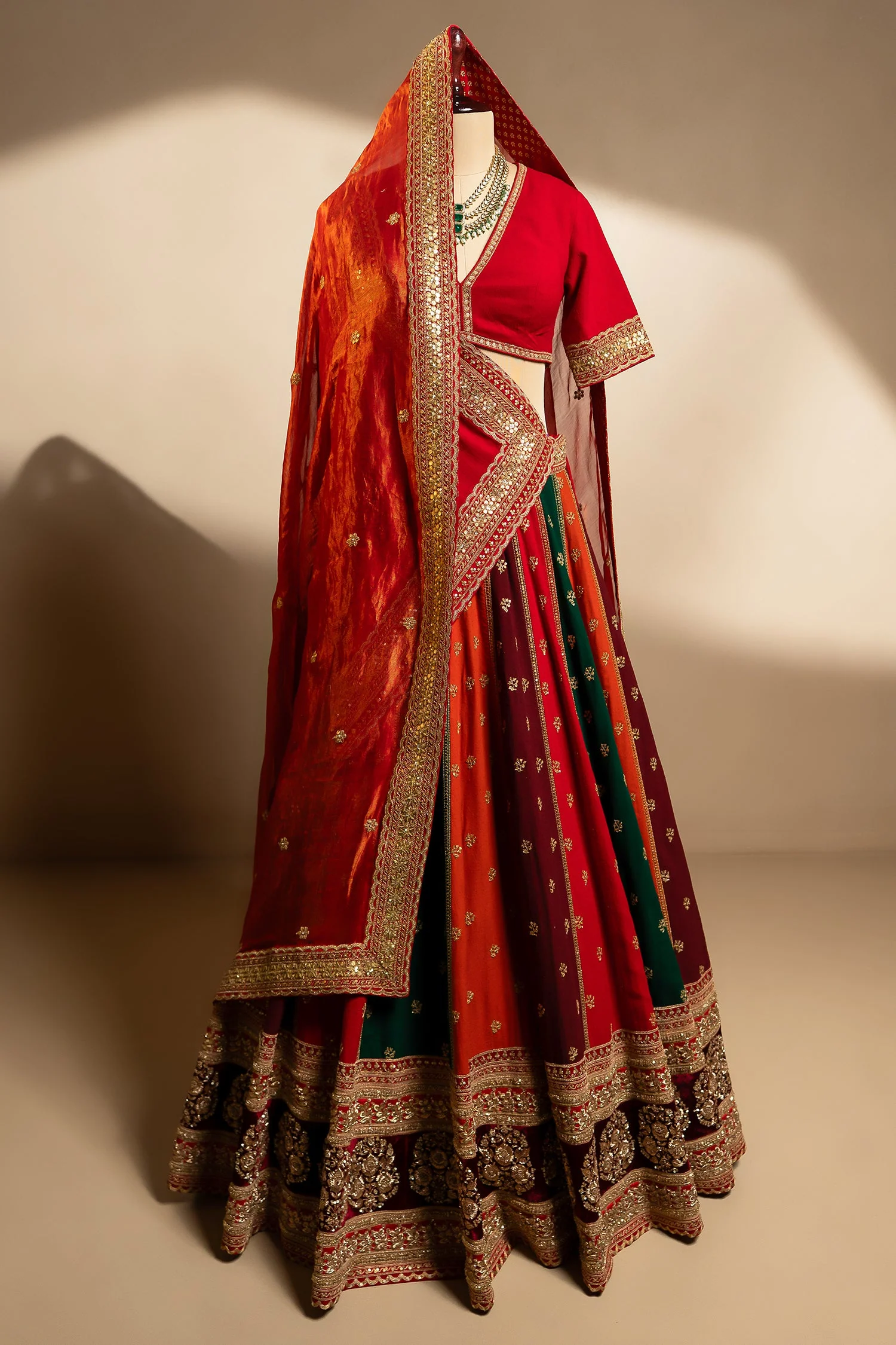 Multi Colored Matka Silk Designer Bridal Lehenga with Double Dupatta - Image 3
