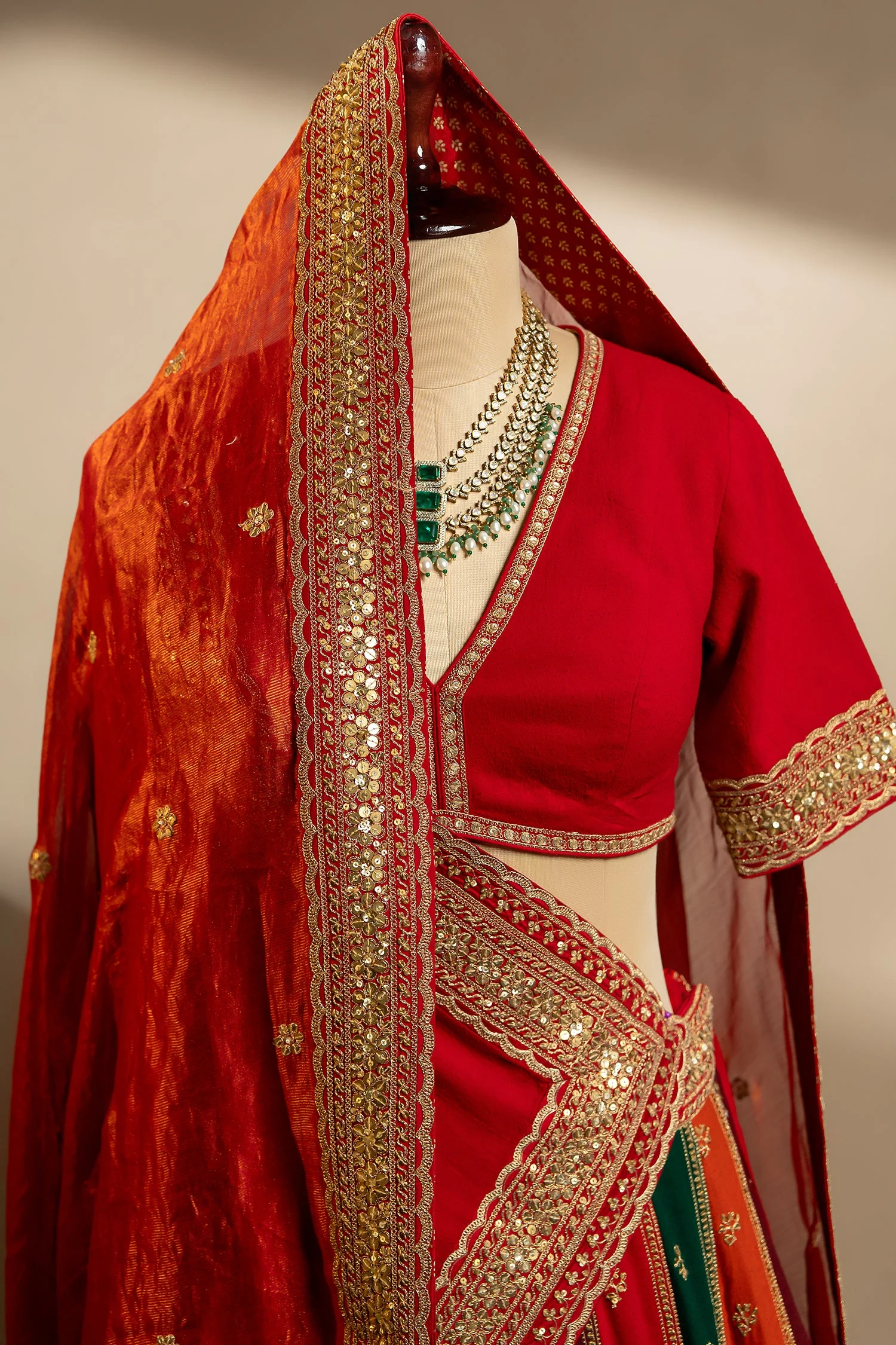 Multi Colored Matka Silk Designer Bridal Lehenga with Double Dupatta - Image 4