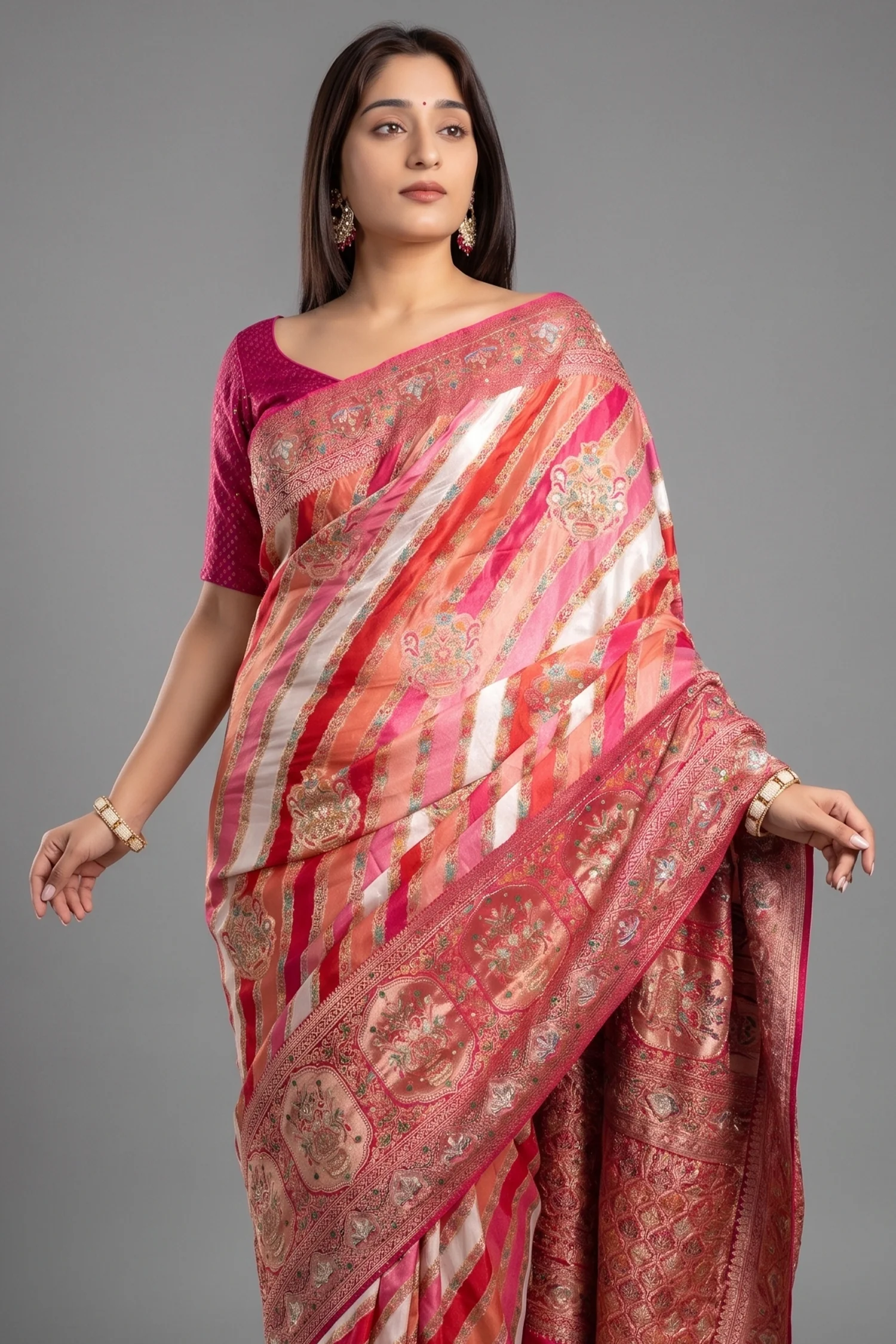 Multi Colored Modal Silk Weaving Stripes Saree with Gota and Cutdana Work - Image 2