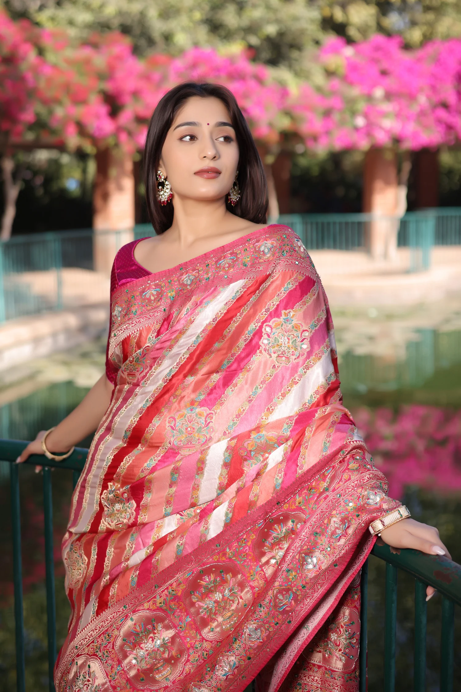 Multi Colored Modal Silk Weaving Stripes Saree with Gota and Cutdana Work - Image 3