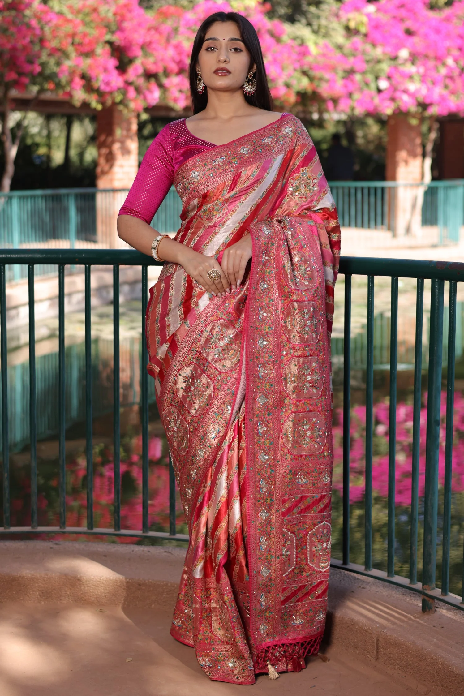 Multi Colored Modal Silk Weaving Stripes Saree with Gota and Cutdana Work - Image 4