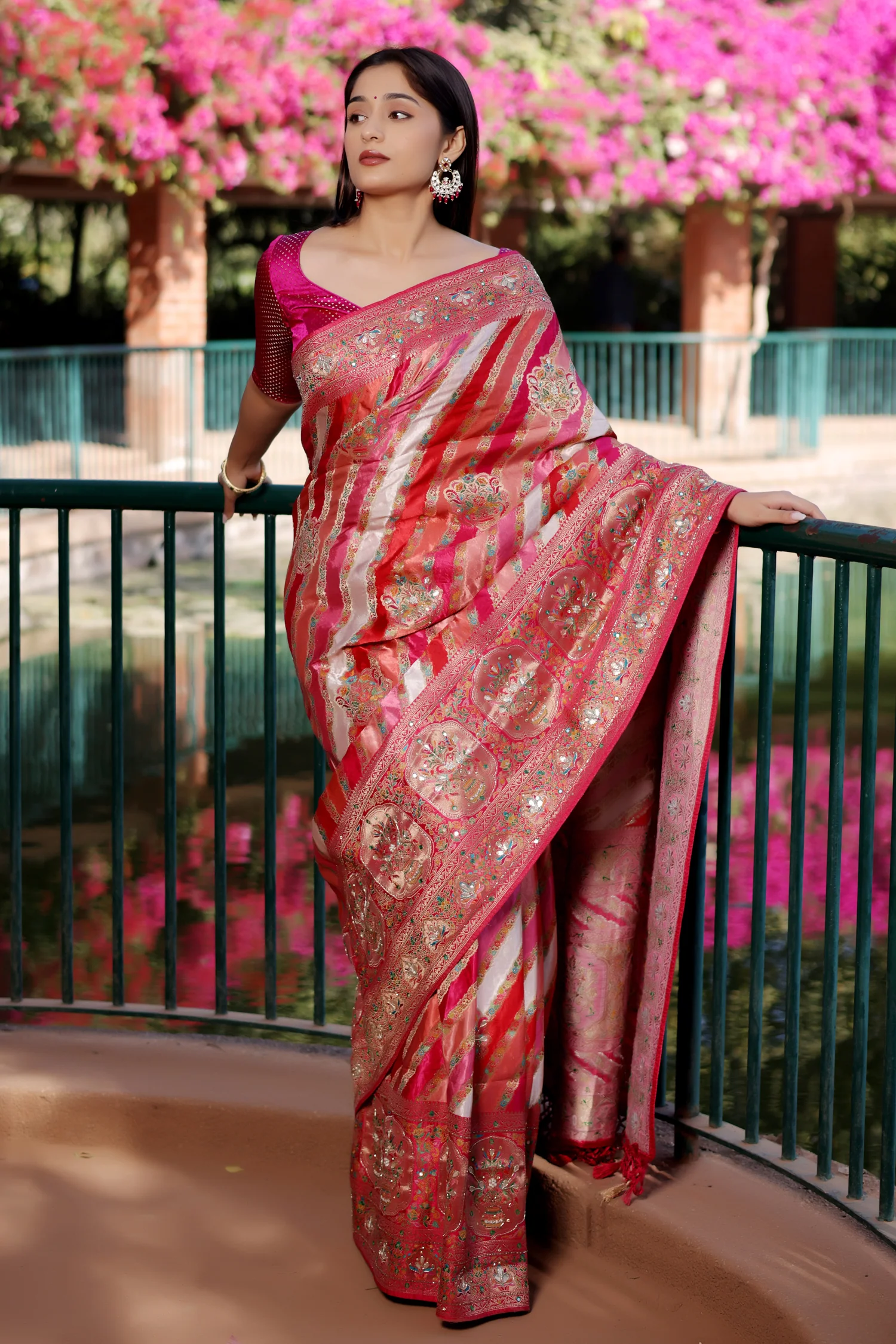 Multi Colored Modal Silk Weaving Stripes Saree with Gota and Cutdana Work - Image 5