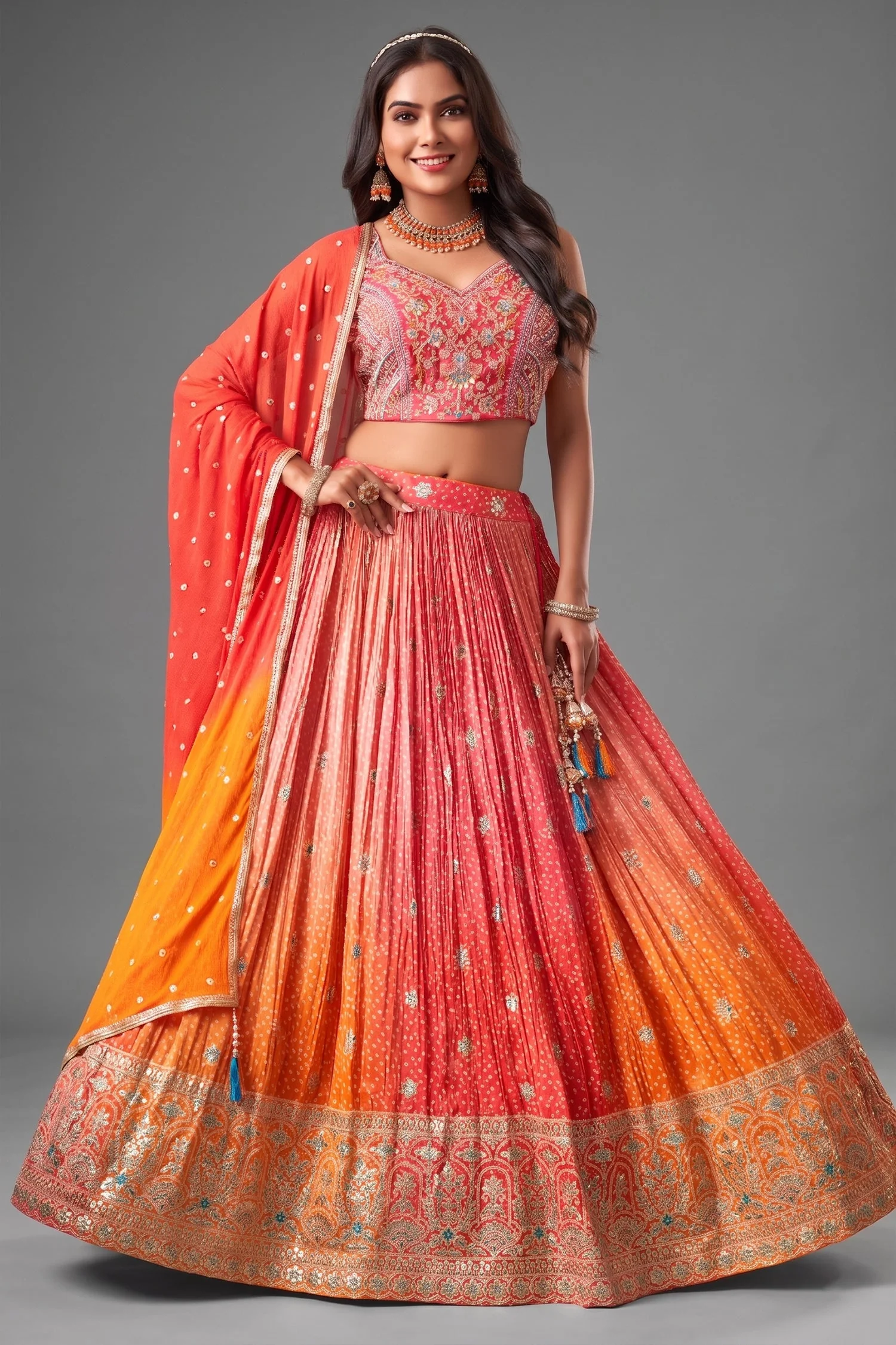 Multi Colored Ombre Chinon Crepe Silk Bandhej Printed Lehenga