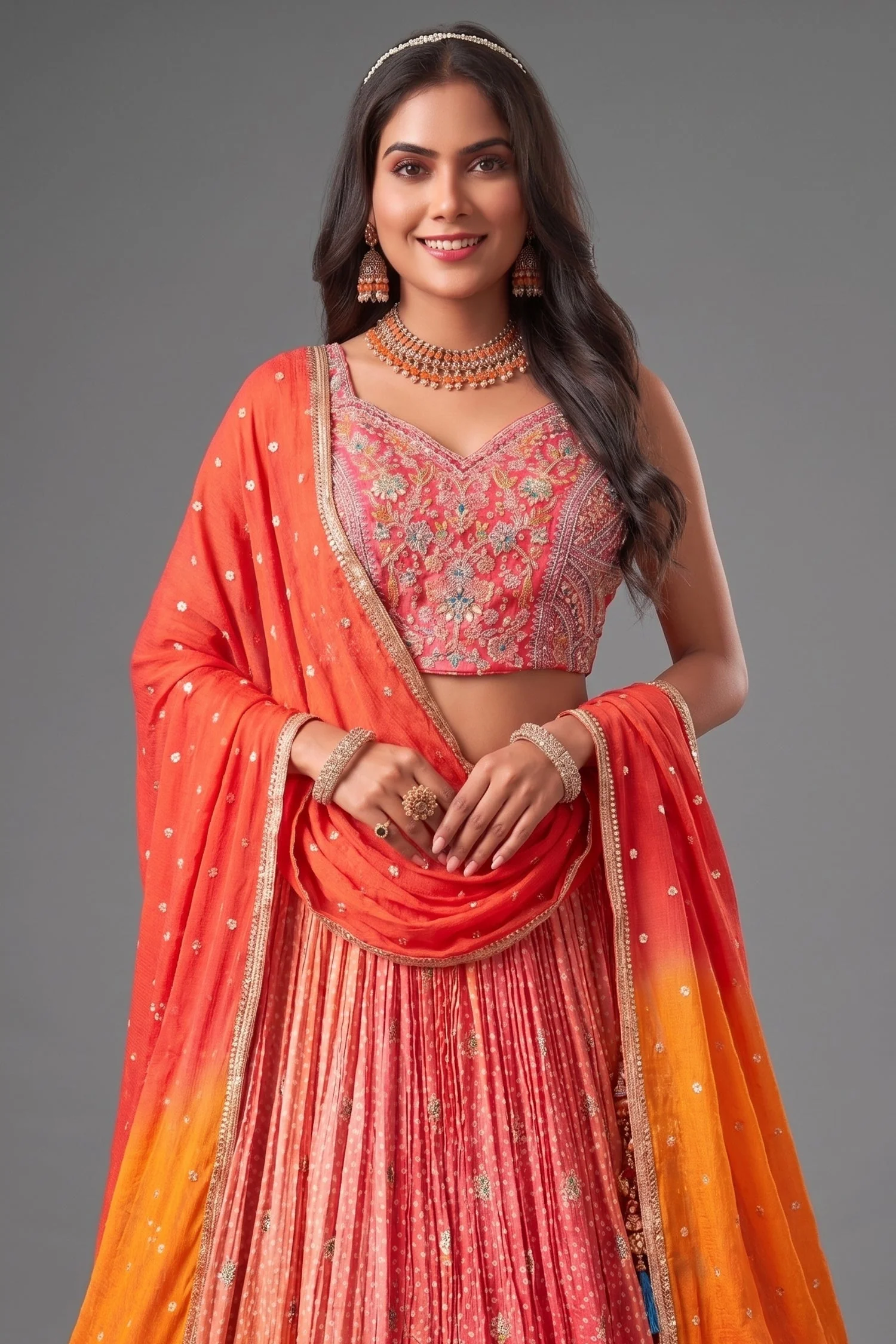 Multi Colored Ombre Chinon Crepe Silk Bandhej Printed Lehenga - Image 2