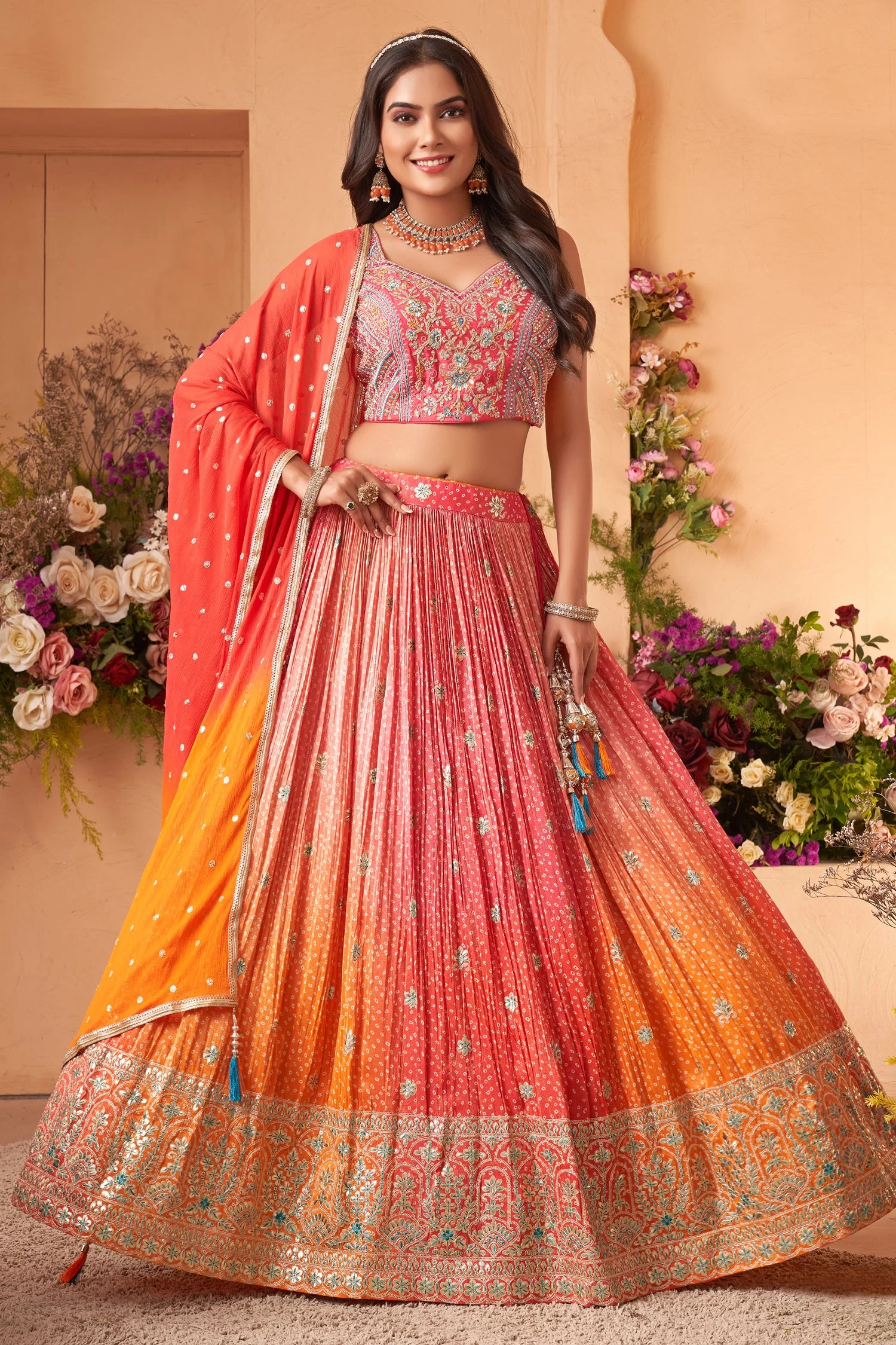 Multi Colored Ombre Chinon Crepe Silk Bandhej Printed Lehenga - Image 3