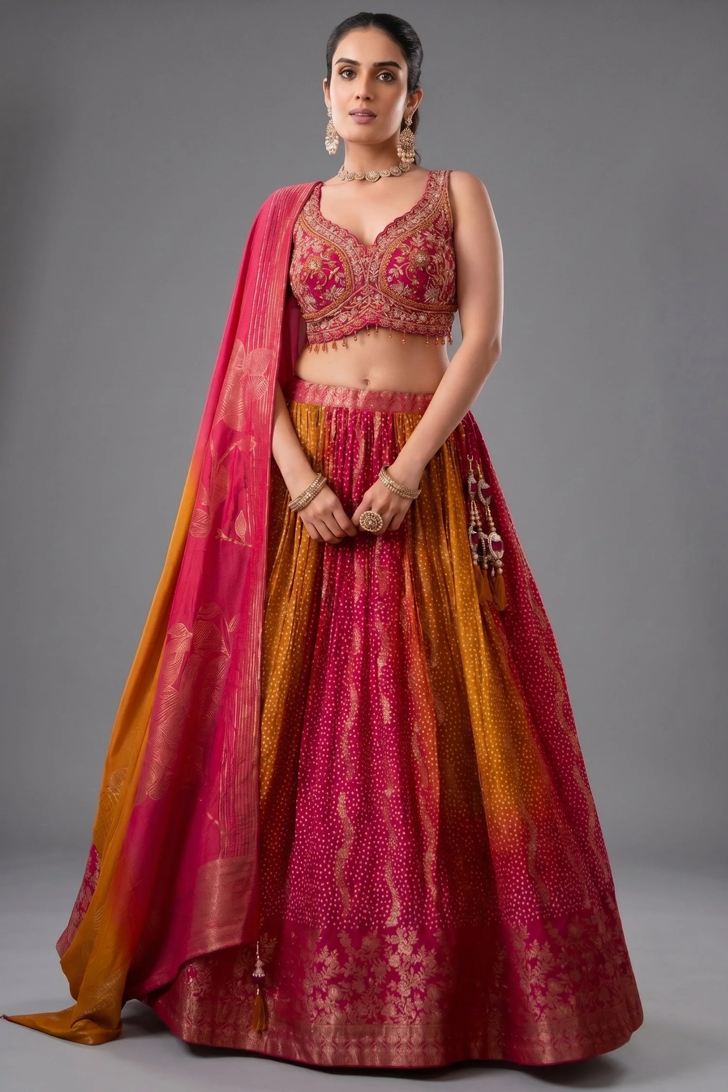 Multi Colored Ombre Organza Bandhej Printed Lehenga