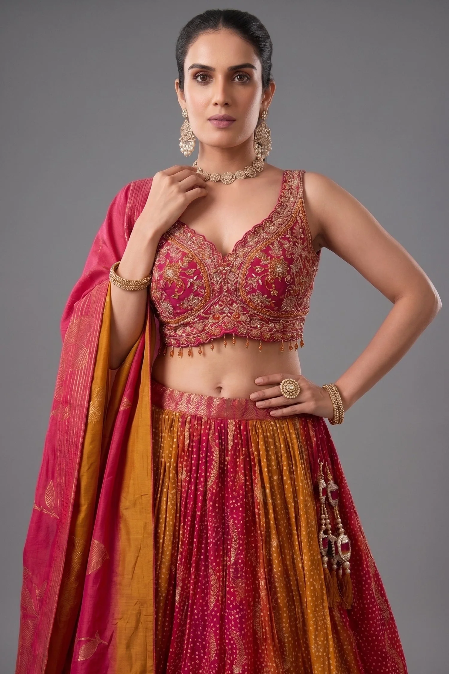 Multi Colored Ombre Organza Bandhej Printed Lehenga - Image 2