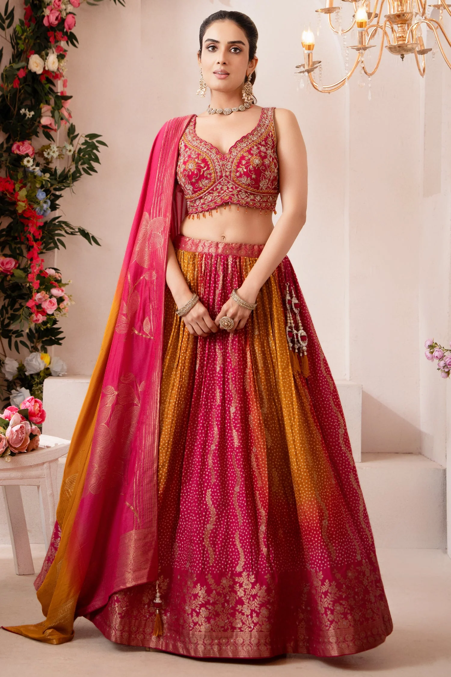 Multi Colored Ombre Organza Bandhej Printed Lehenga - Image 3