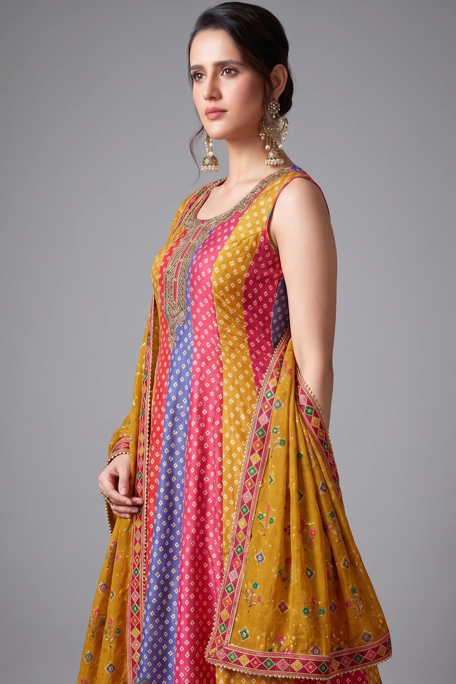 Multi Colored Silk Bandhej Printed Anrakli Suit - Image 2