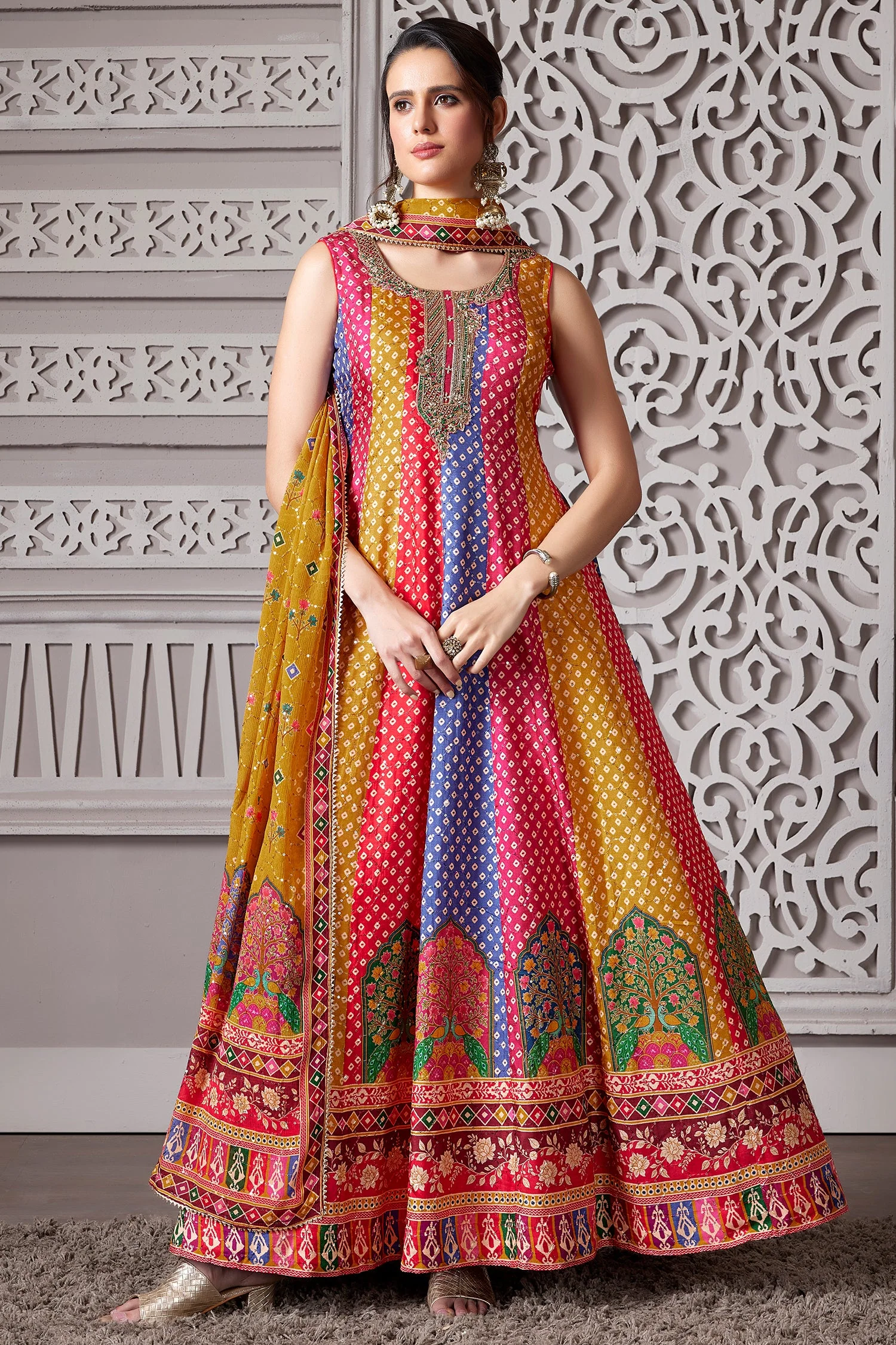 Multi Colored Silk Bandhej Printed Anrakli Suit - Image 3