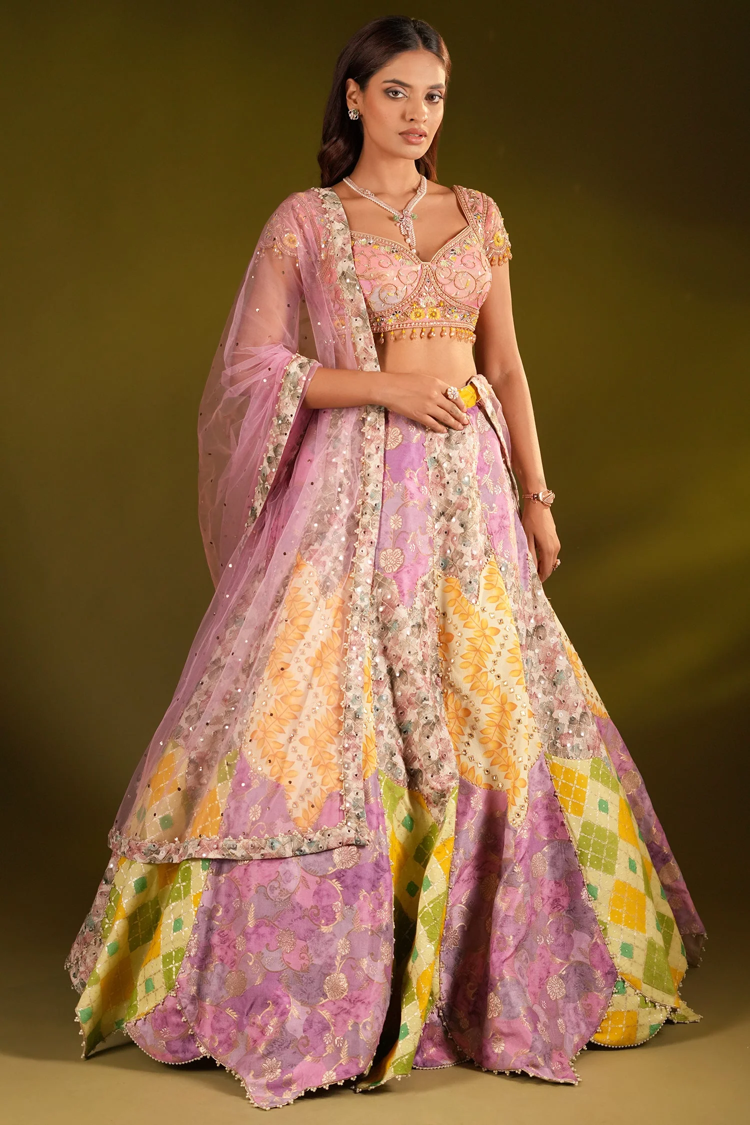 Multi Colored Silk Printed and Woven Jaal Patch Work Lehenga - Image 2