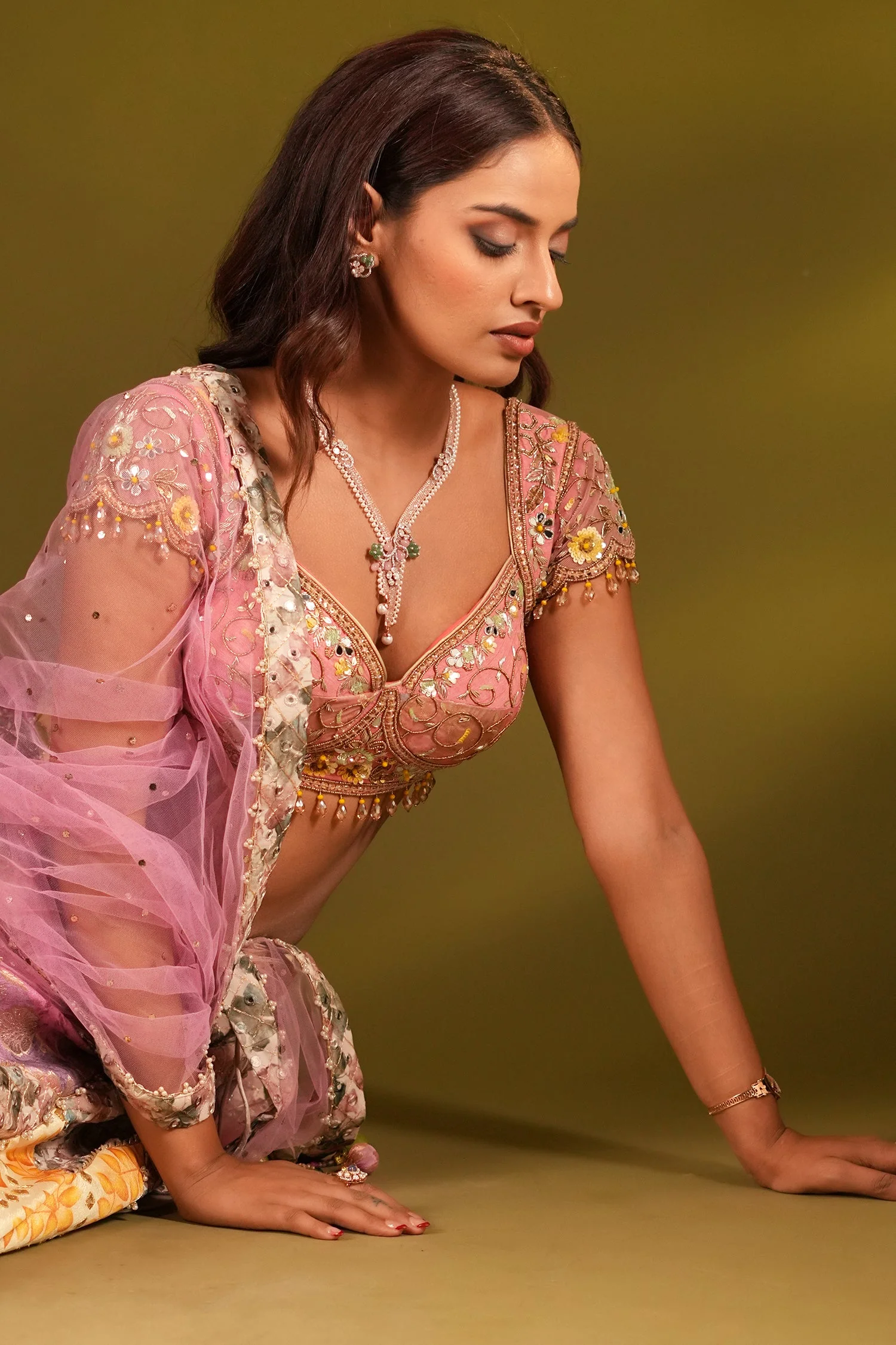 Multi Colored Silk Printed and Woven Jaal Patch Work Lehenga - Image 3