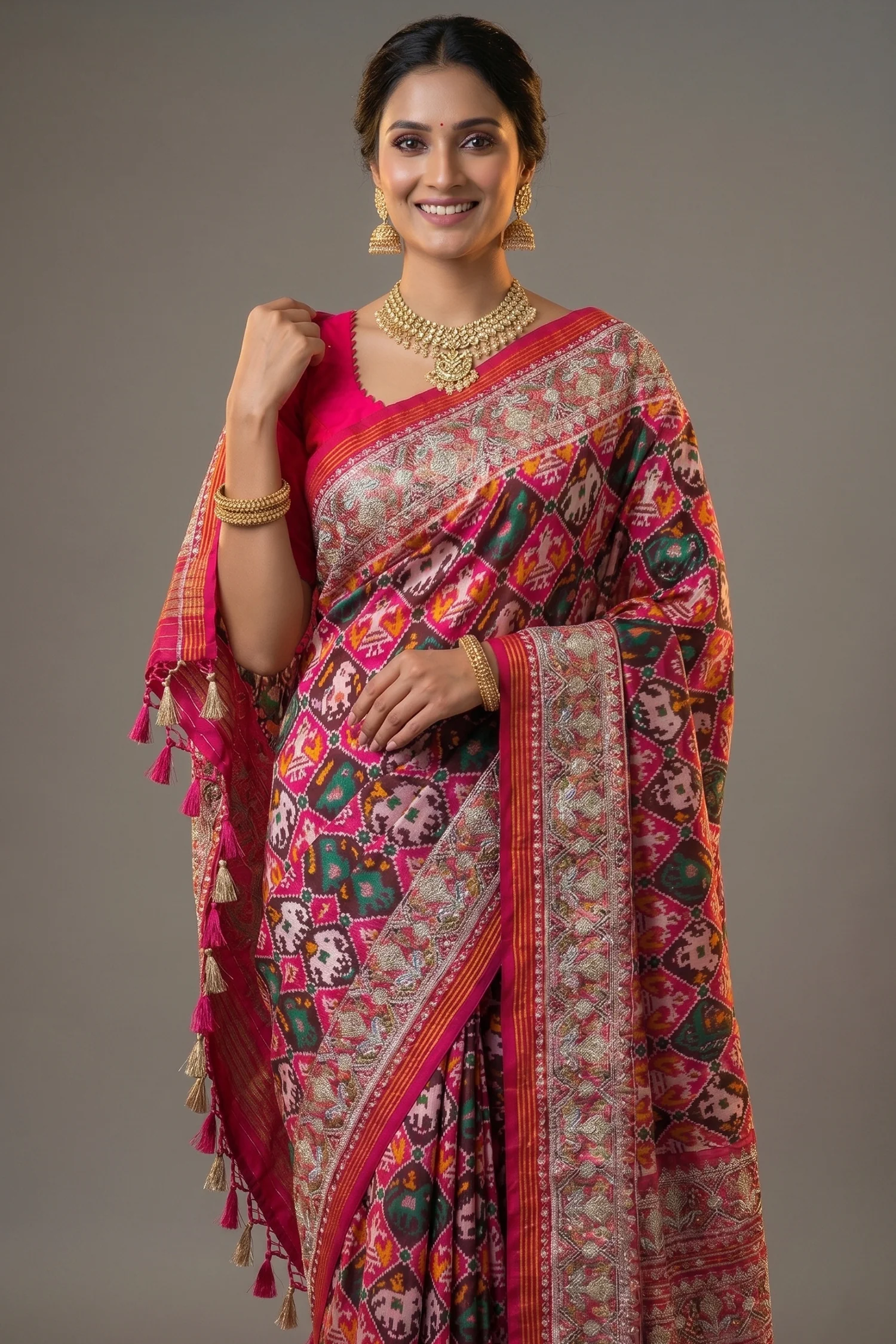 Multi Colored Silk Traditional Checks Patola Saree with Beads and Gota Work - Image 2
