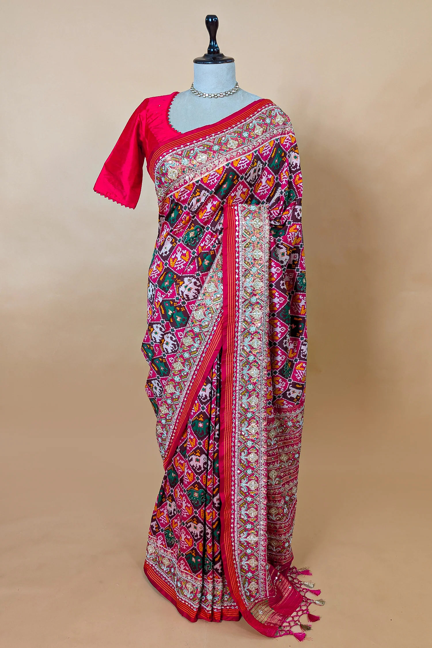 Multi Colored Silk Traditional Checks Patola Saree with Beads and Gota Work - Image 3