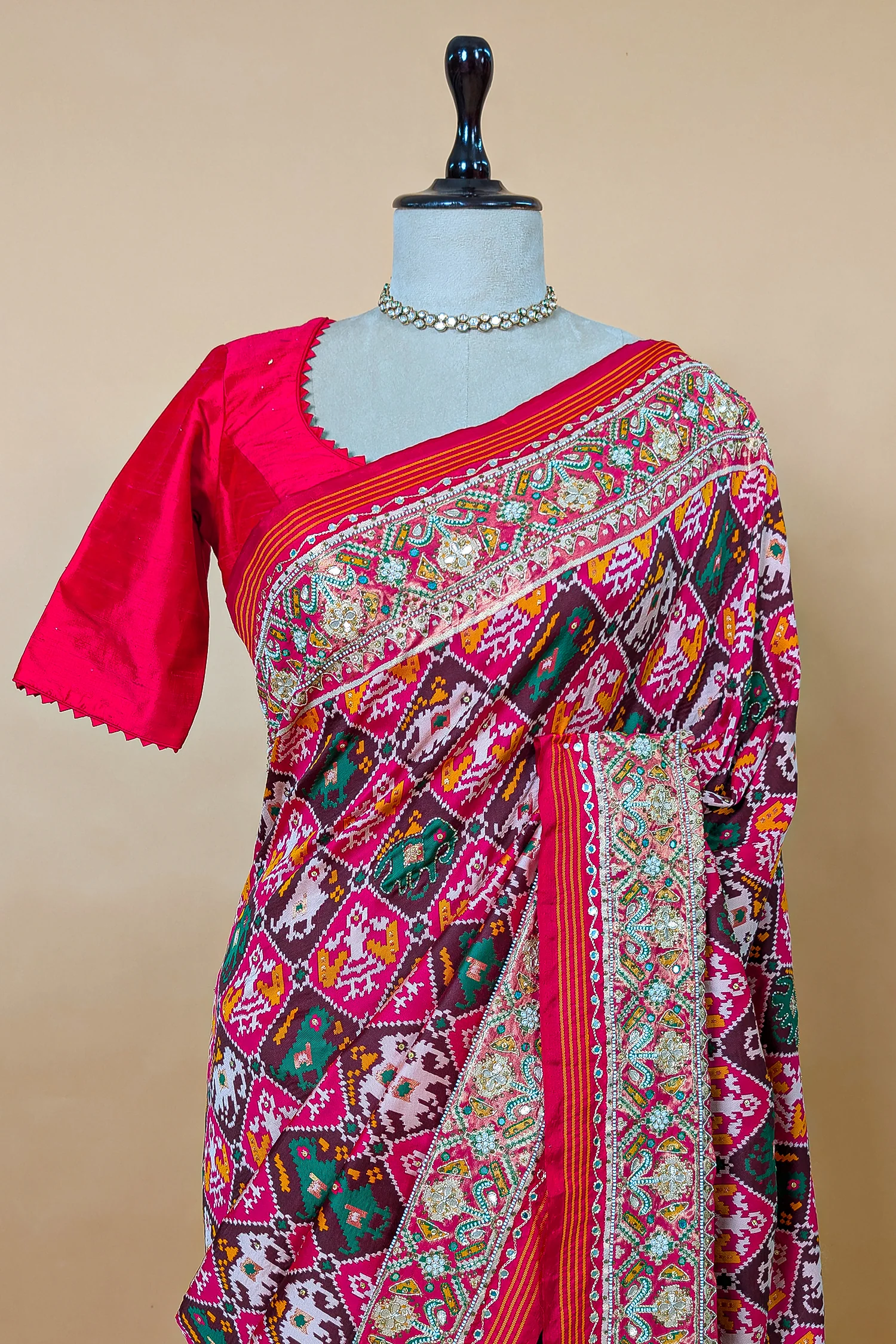 Multi Colored Silk Traditional Checks Patola Saree with Beads and Gota Work - Image 4
