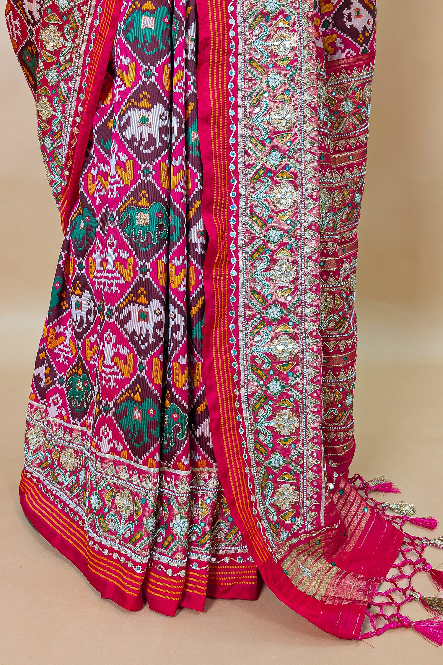 Multi Colored Silk Traditional Checks Patola Saree with Beads and Gota Work - Image 5