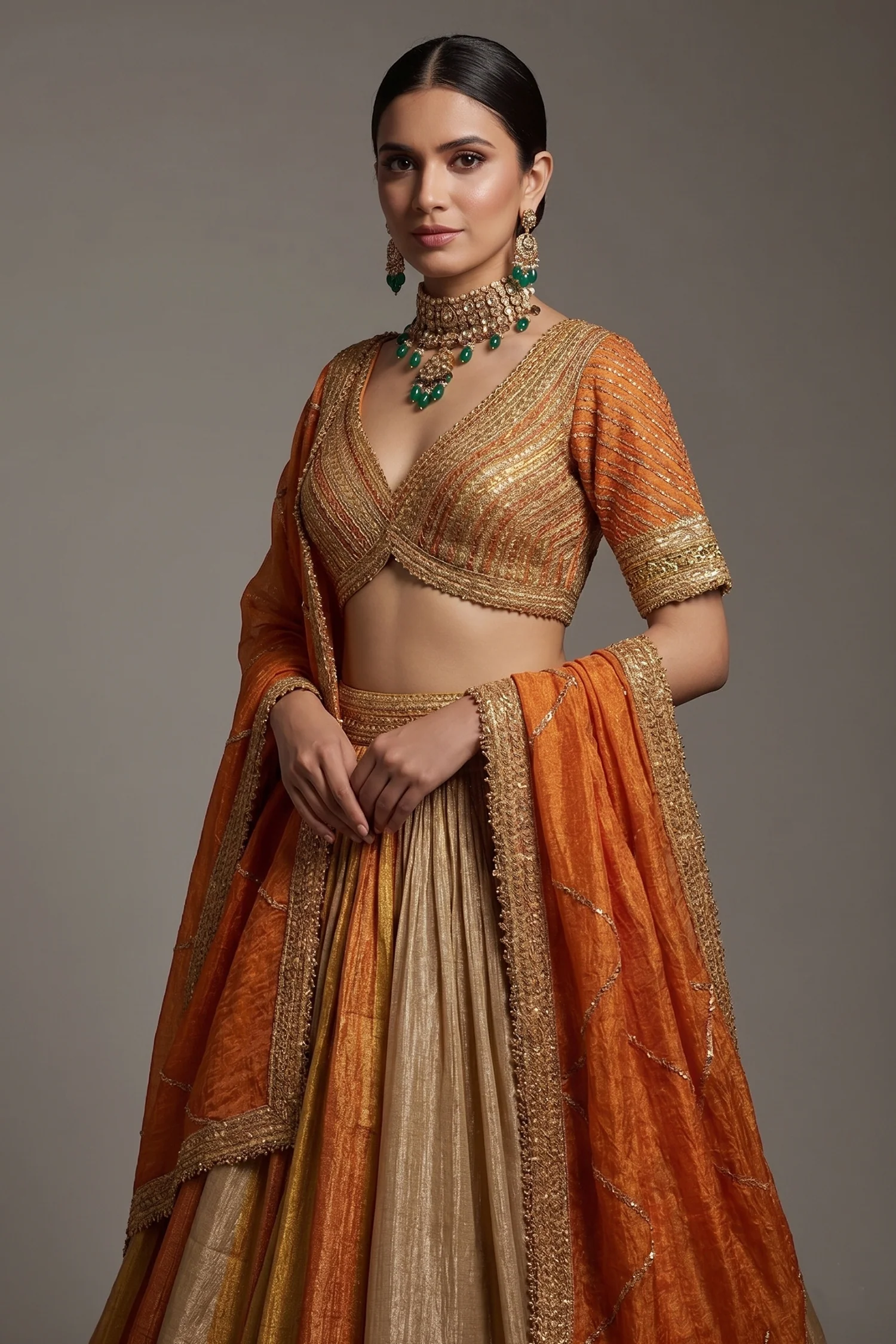 Multi Colored Tissue Organza Lehenga with Lace - Image 2