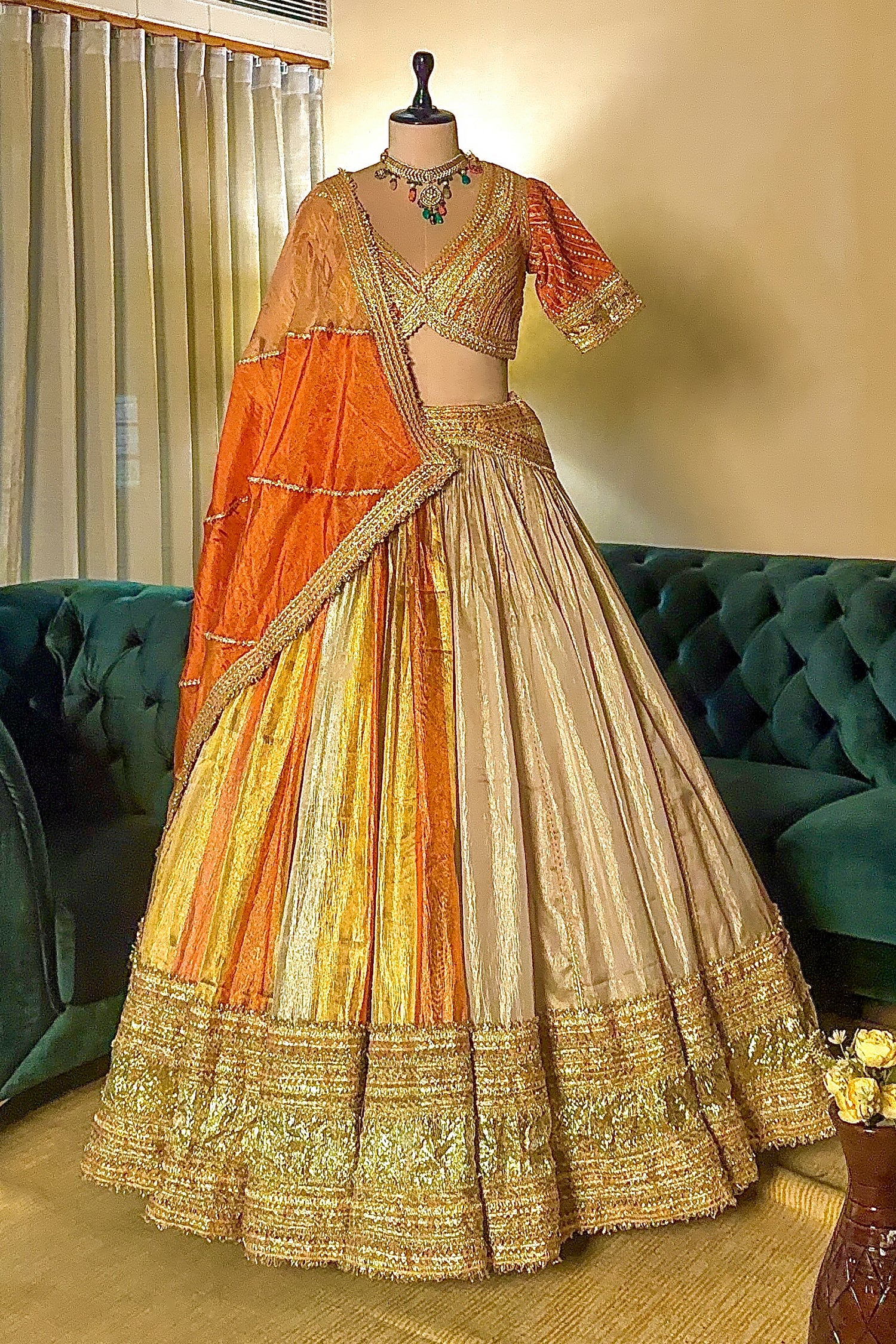 Multi Colored Tissue Organza Lehenga with Lace - Image 3