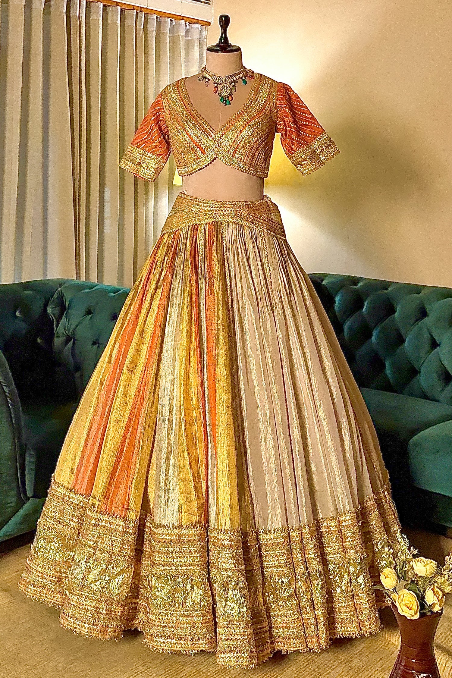 Multi Colored Tissue Organza Lehenga with Lace - Image 4