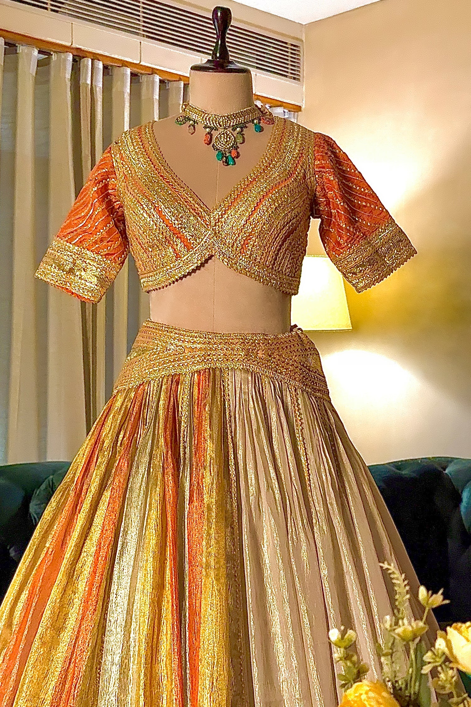 Multi Colored Tissue Organza Lehenga with Lace - Image 5