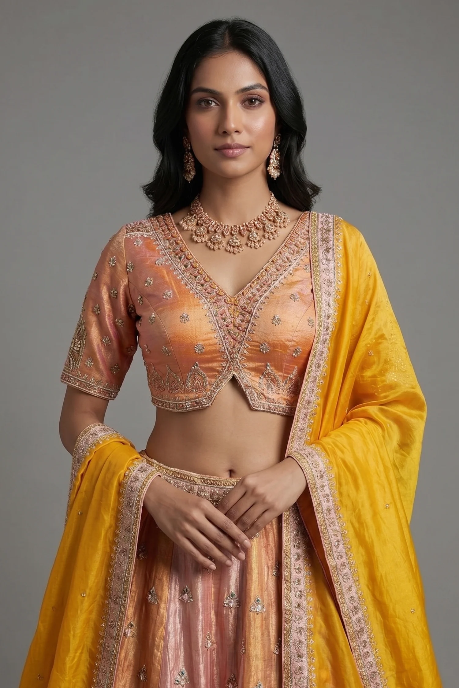 Multi Colored Tissue Silk Desginer Beaded and Zardosi Worked Lehenga - Image 2