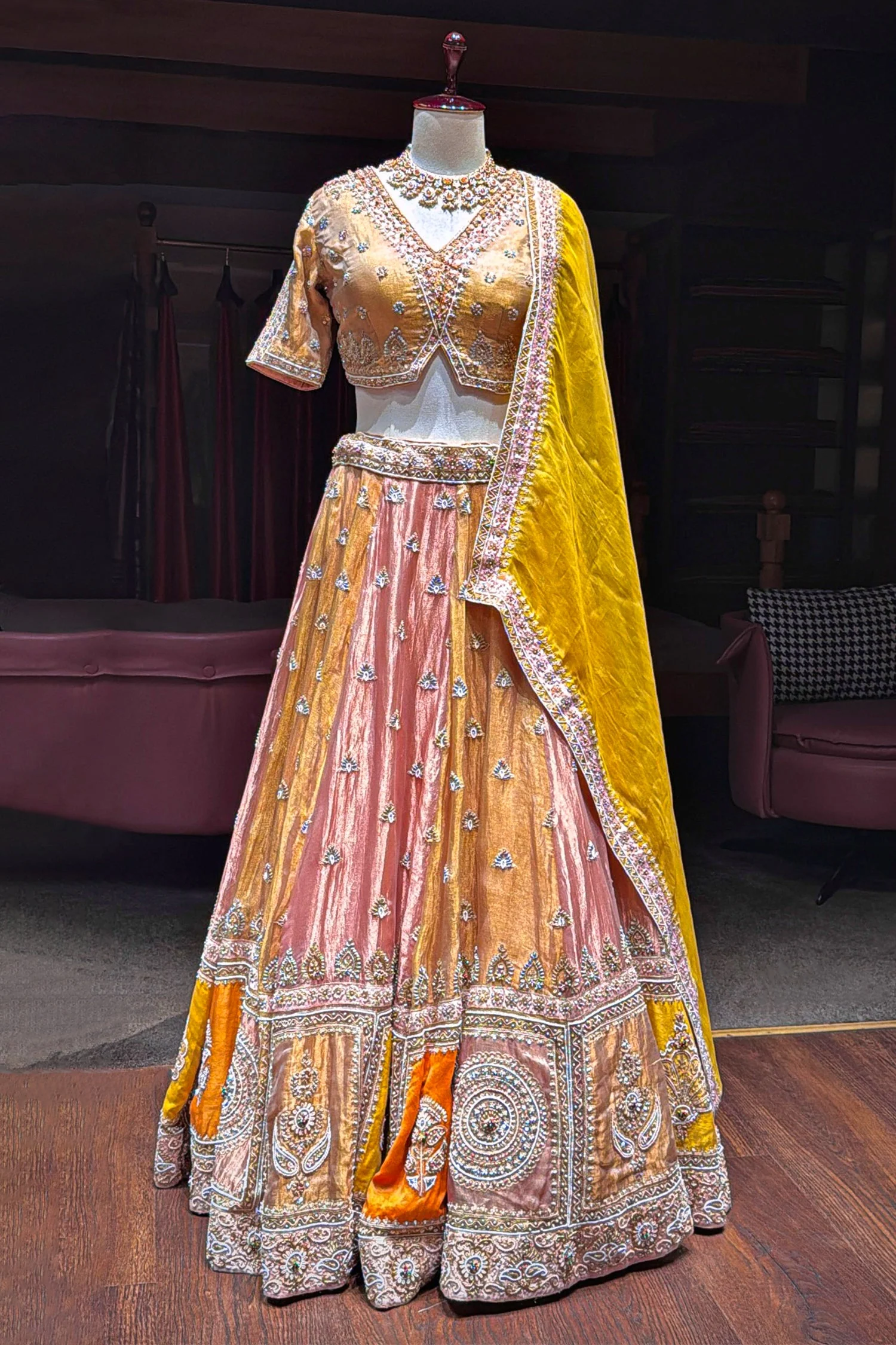 Multi Colored Tissue Silk Desginer Beaded and Zardosi Worked Lehenga - Image 3