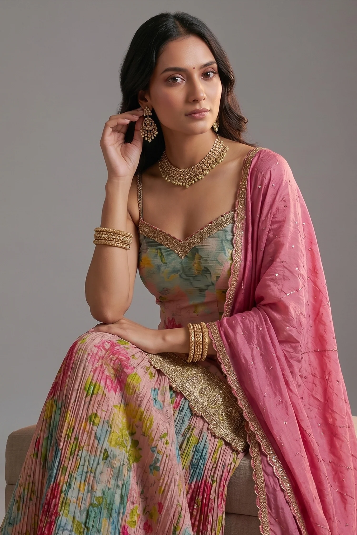 Multi Colored Tissue Silk Floral Printed Palazzo Suit - Image 2