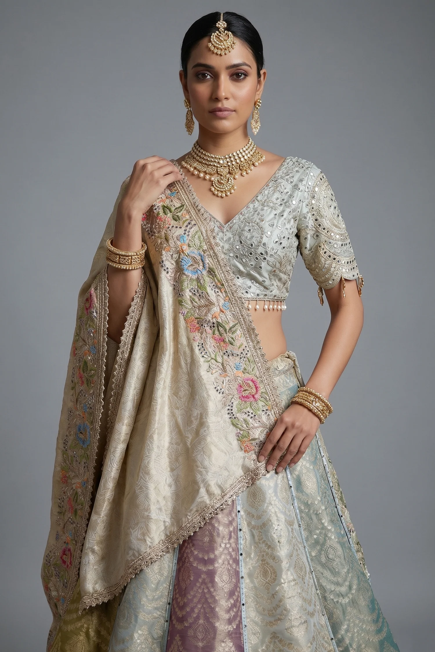 Multi Colored Tissue Silk Woven Lehenga - Image 2